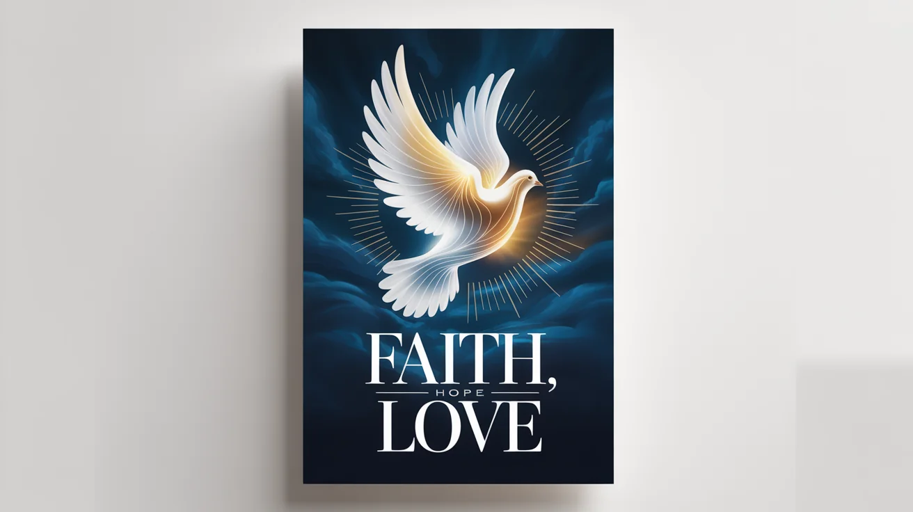 A mockup of a modern Christian poster on a white background, featuring a stylized dove made of light and the words 'Faith, Hope, Love' in an elegant font.