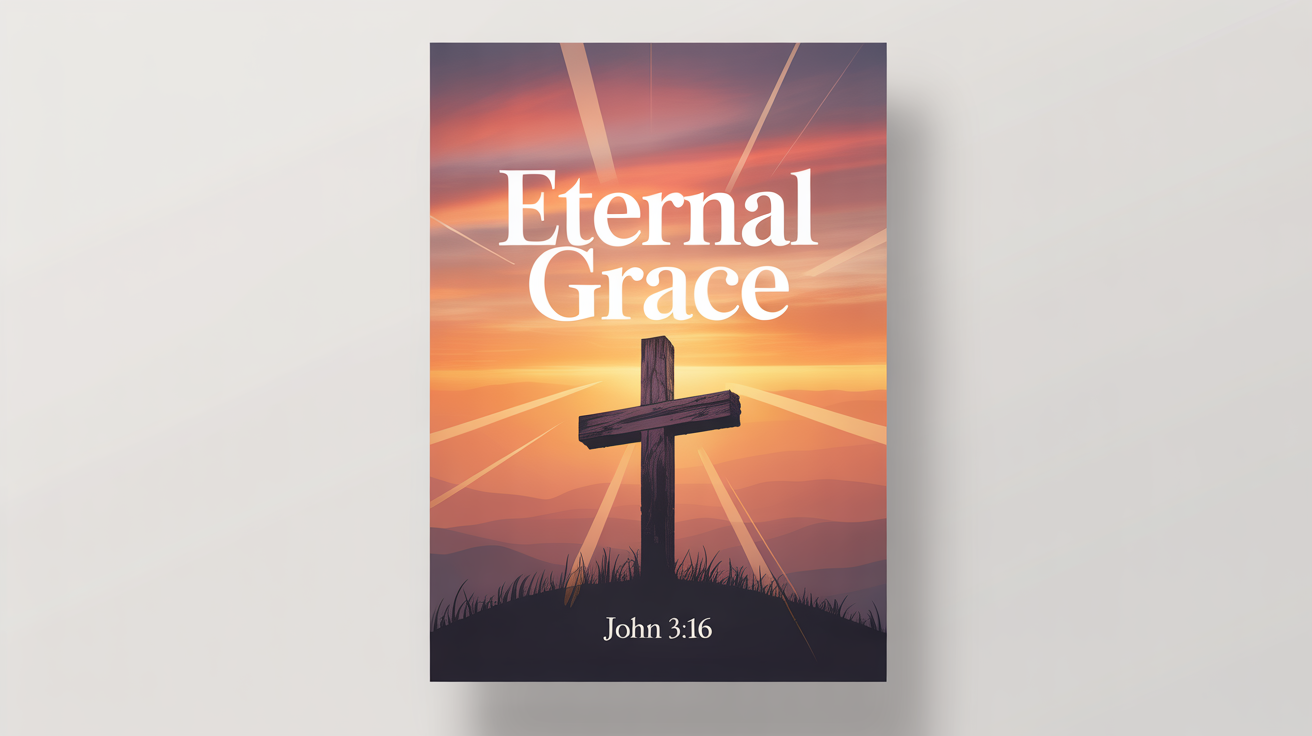 A mockup of a modern Christian poster featuring a wooden cross on a hill at sunrise, with the text 'ETERNAL GRACE' and 'John 3:16' printed on it, all displayed against a white background.
