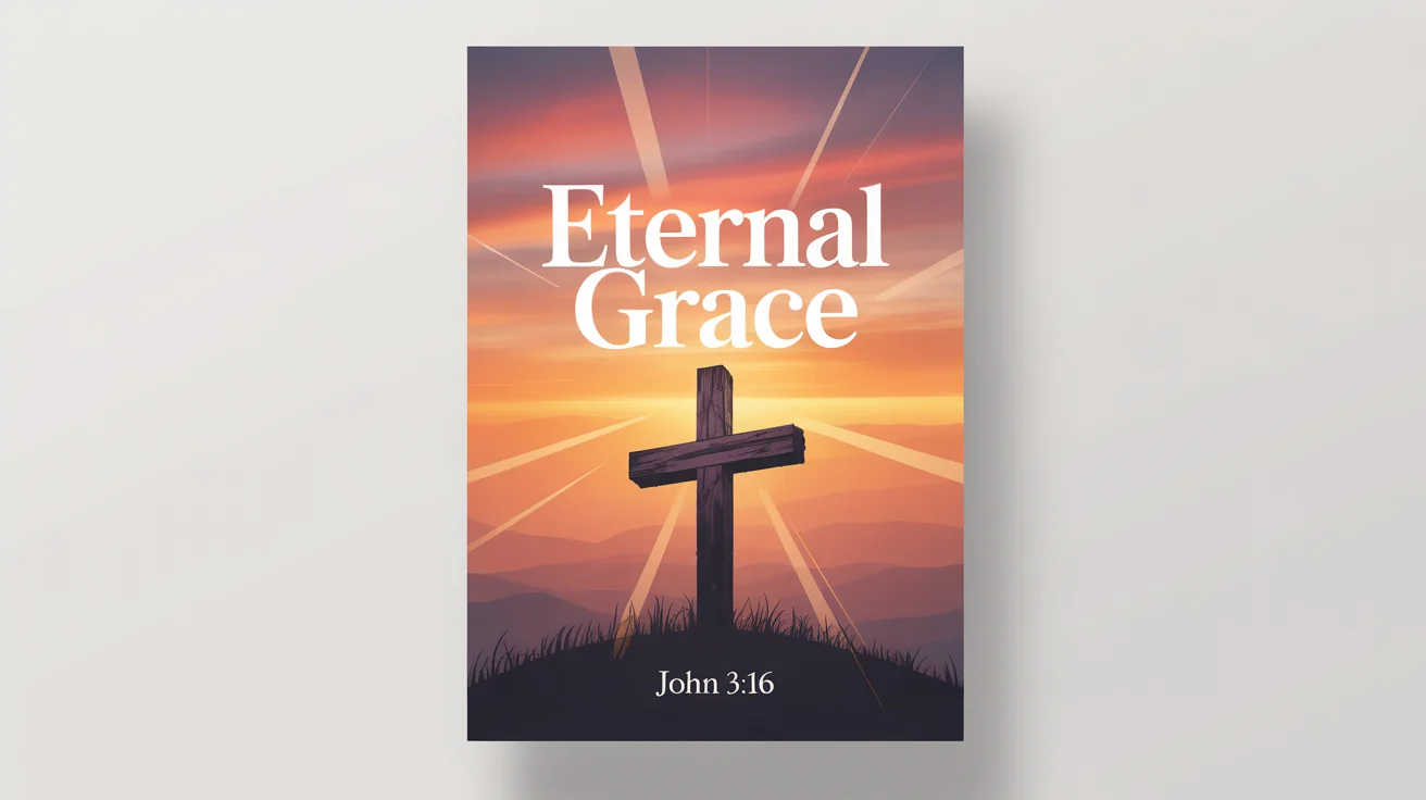 A mockup of a modern Christian poster featuring a wooden cross on a hill at sunrise, with the text 'ETERNAL GRACE' and 'John 3:16' printed on it, all displayed against a white background.
