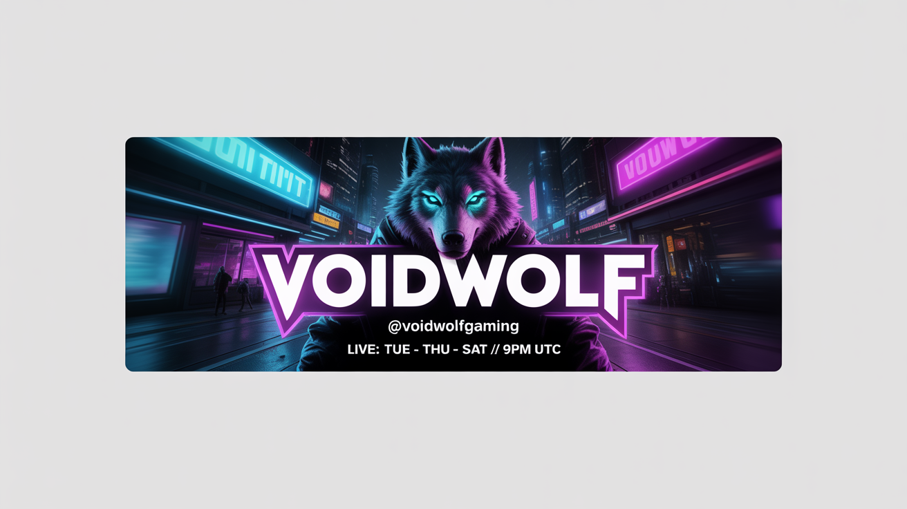 A mockup of a custom Twitch banner for a gamer named 'VOIDWOLF', featuring a cyberpunk wolf mascot against a futuristic cityscape background, displayed on a clean white background.