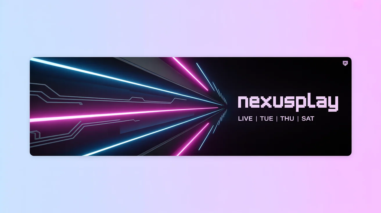 A mockup of a custom Twitch banner for a fictional channel called 'NEXUSPLAY', featuring a futuristic cyberpunk design with neon blue and pink colors, set against a plain white background.