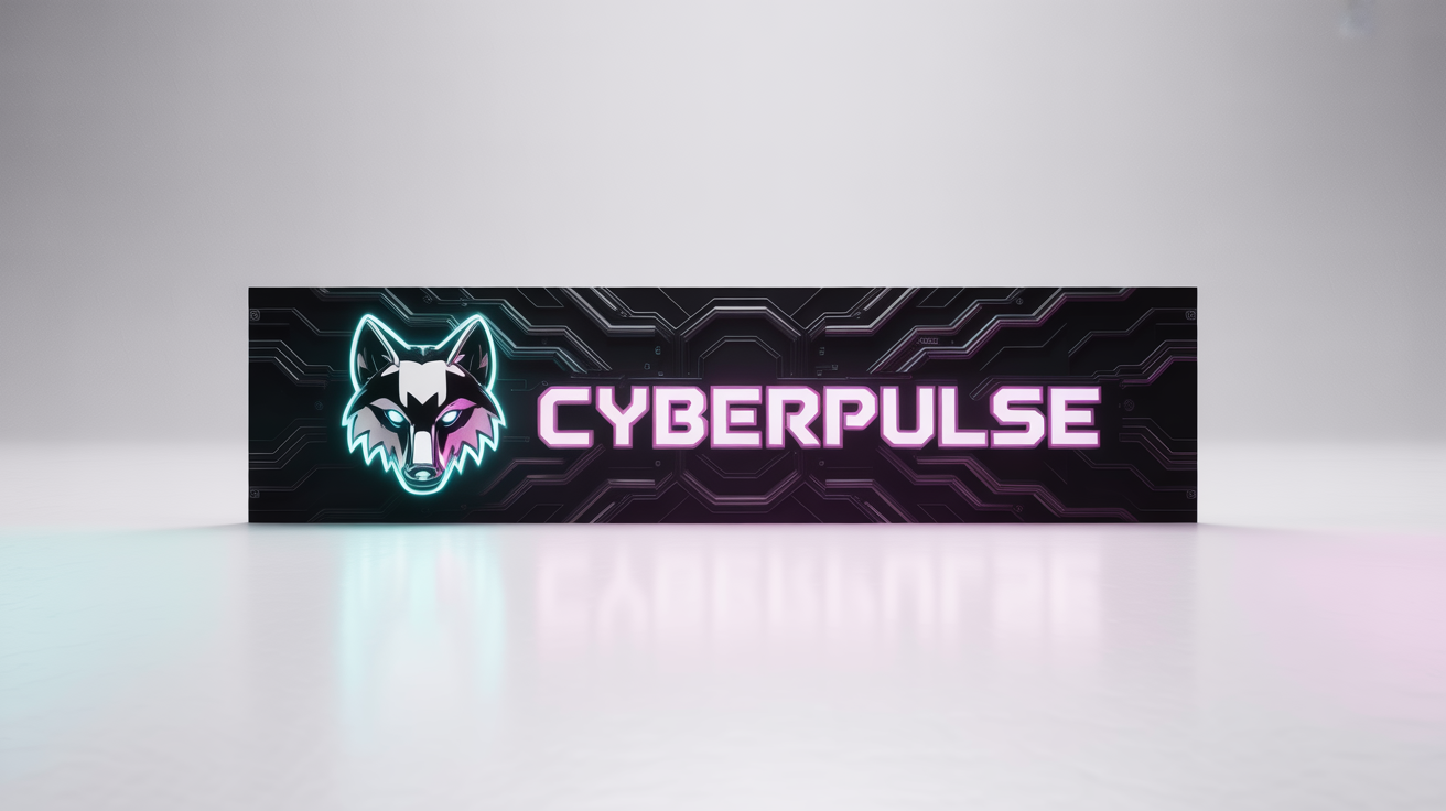A mockup of a custom Twitch banner for a streamer named 'CYBERPULSE', featuring a futuristic design with a chrome wolf logo and neon blue and pink colors, displayed on a clean white background.