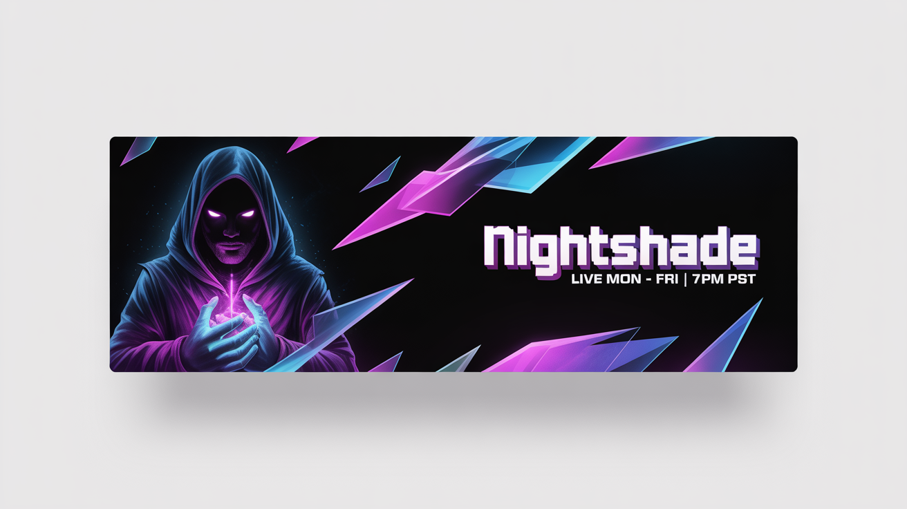 A mockup of a custom Twitch banner for a gaming channel named 'NIGHTSHADE'. The banner has a futuristic, high-energy theme with a hooded figure and is displayed against a plain white background.