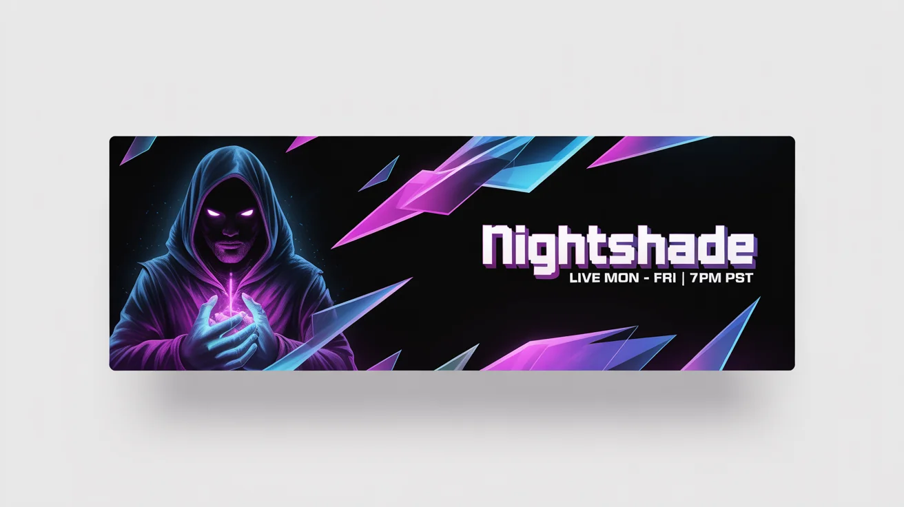 A mockup of a custom Twitch banner for a gaming channel named 'NIGHTSHADE'. The banner has a futuristic, high-energy theme with a hooded figure and is displayed against a plain white background.