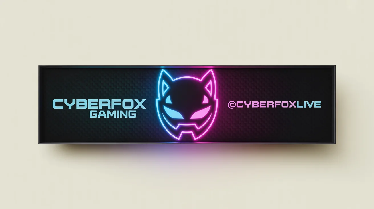 A mockup of a custom Twitch banner for a gaming channel called 'CYBERFOX GAMING', featuring a futuristic cyberpunk design with a glowing neon fox mask logo.