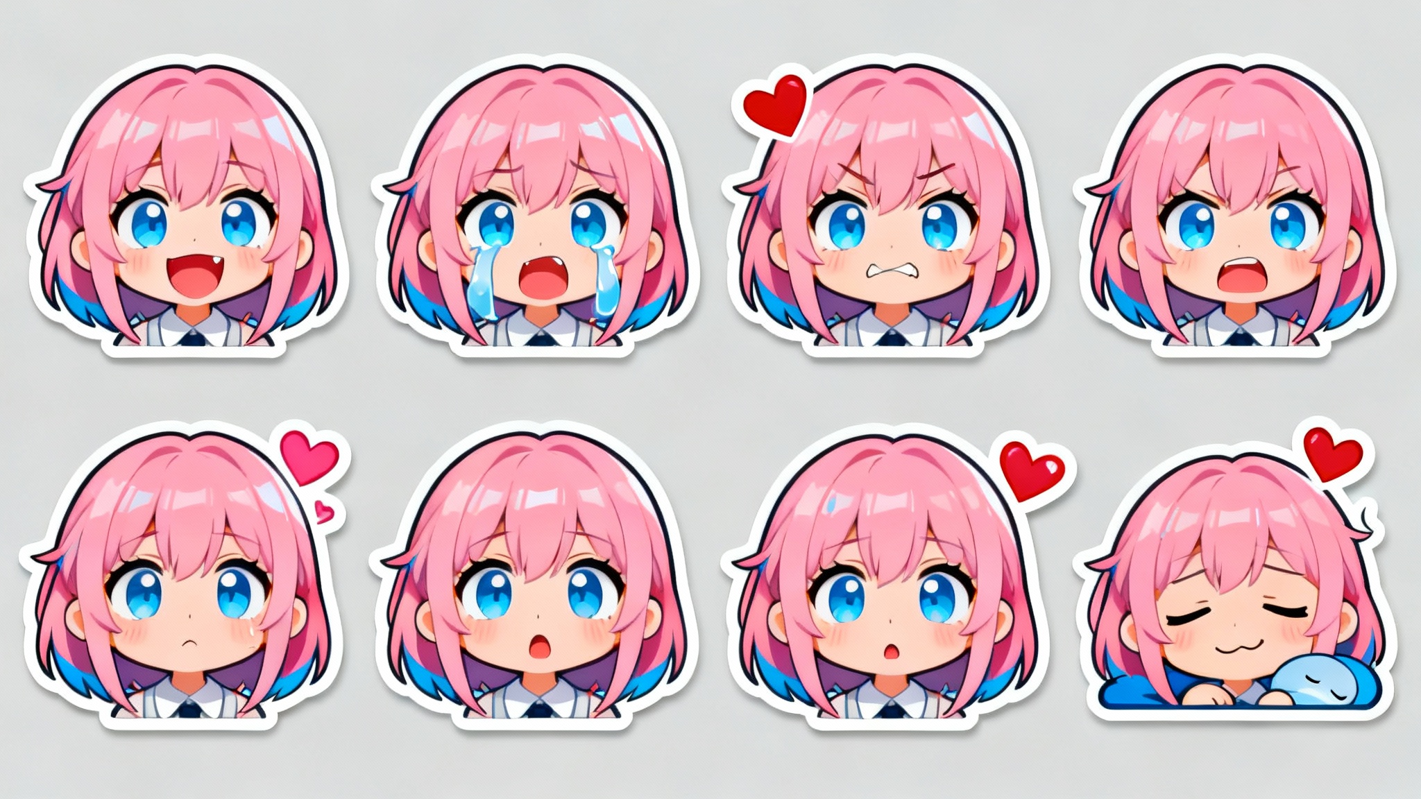 A collection of eight finished chibi-style emotes of a character with pink hair, arranged in a grid. Each emote displays a different emotion, such as happiness, sadness, and anger, showcasing the final result of an emote creation tool.