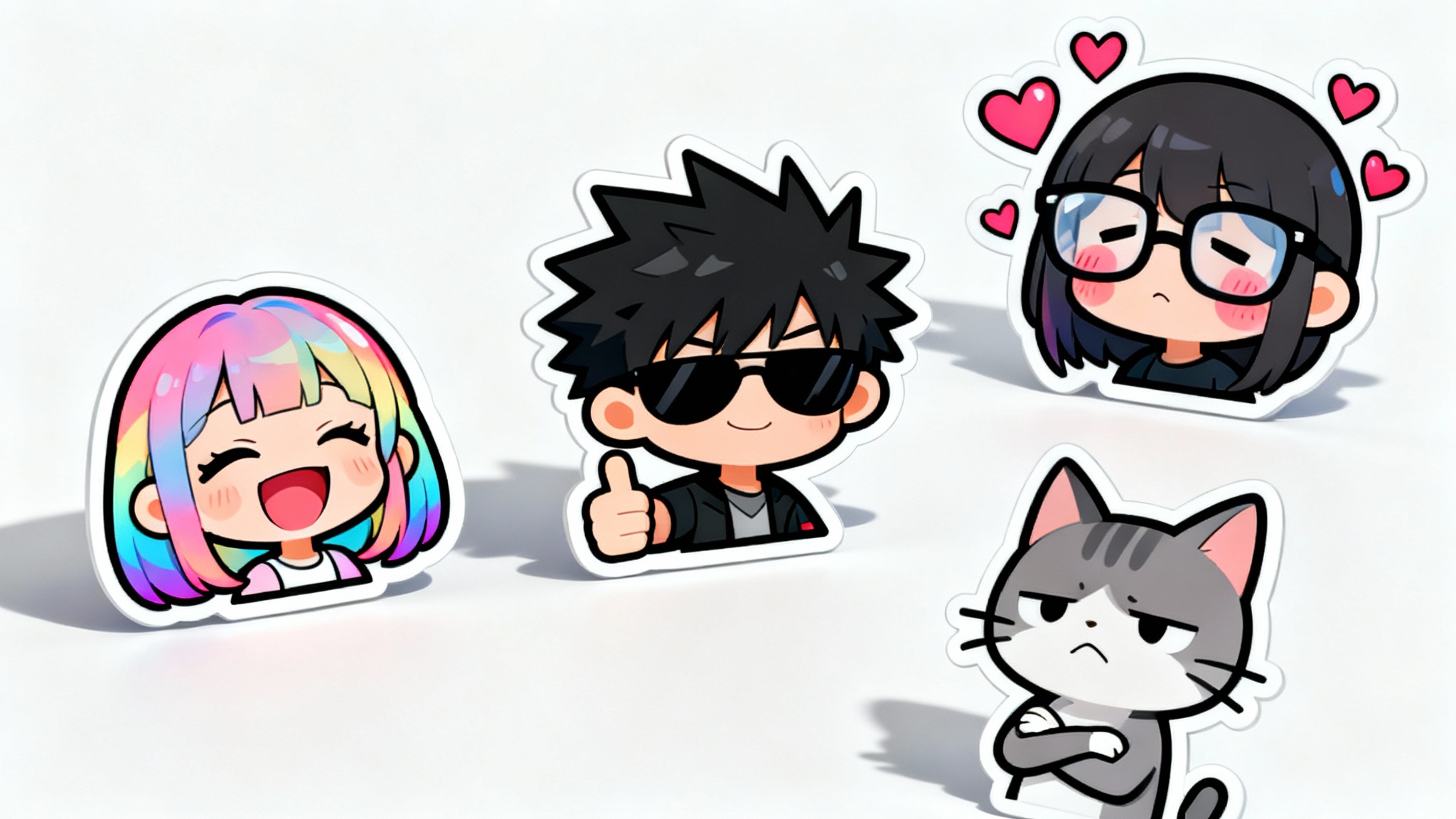 A collection of four vibrant chibi emotes on a white background, featuring a laughing girl, a cool boy giving a thumbs-up, a blushing shy character, and a grumpy cat-person.