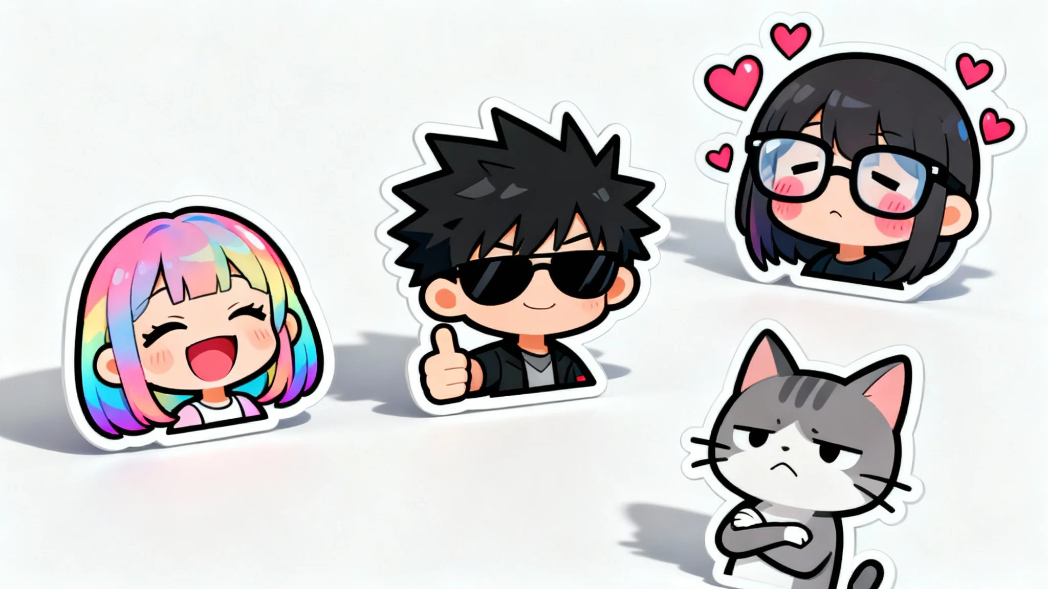 A collection of four vibrant chibi emotes on a white background, featuring a laughing girl, a cool boy giving a thumbs-up, a blushing shy character, and a grumpy cat-person.