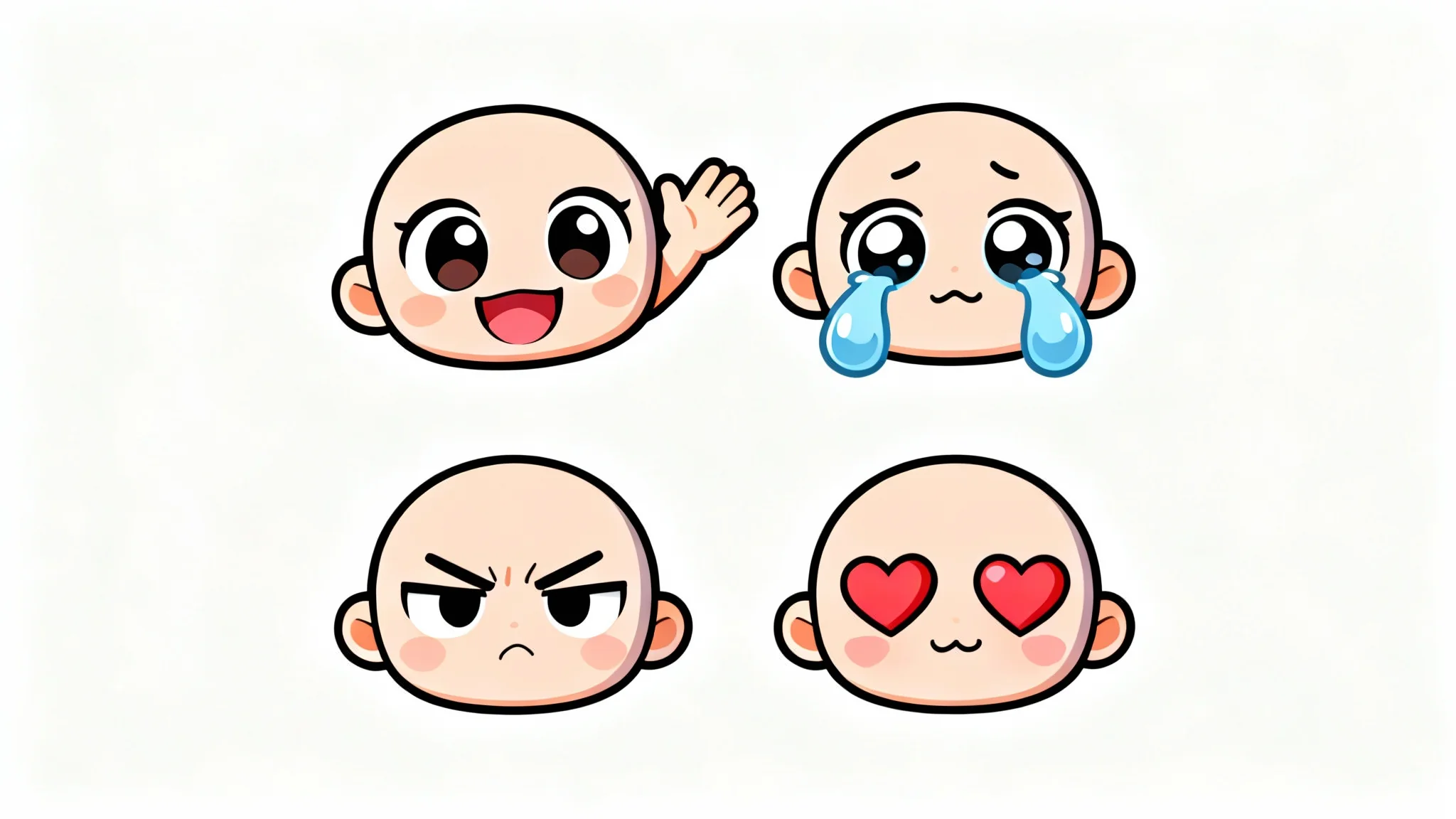 A set of four cute, digitally illustrated chibi emotes on a white background, showcasing different emotions: happy waving, sad crying, angry pouting, and in love with hearts.