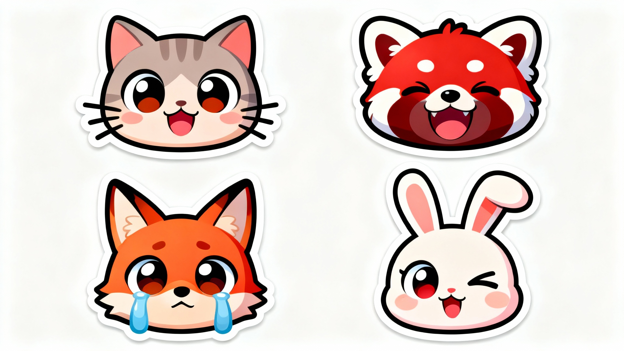 A collection of four cute chibi animal emotes in a sticker style, including a happy cat and a laughing red panda, displayed on a white background.