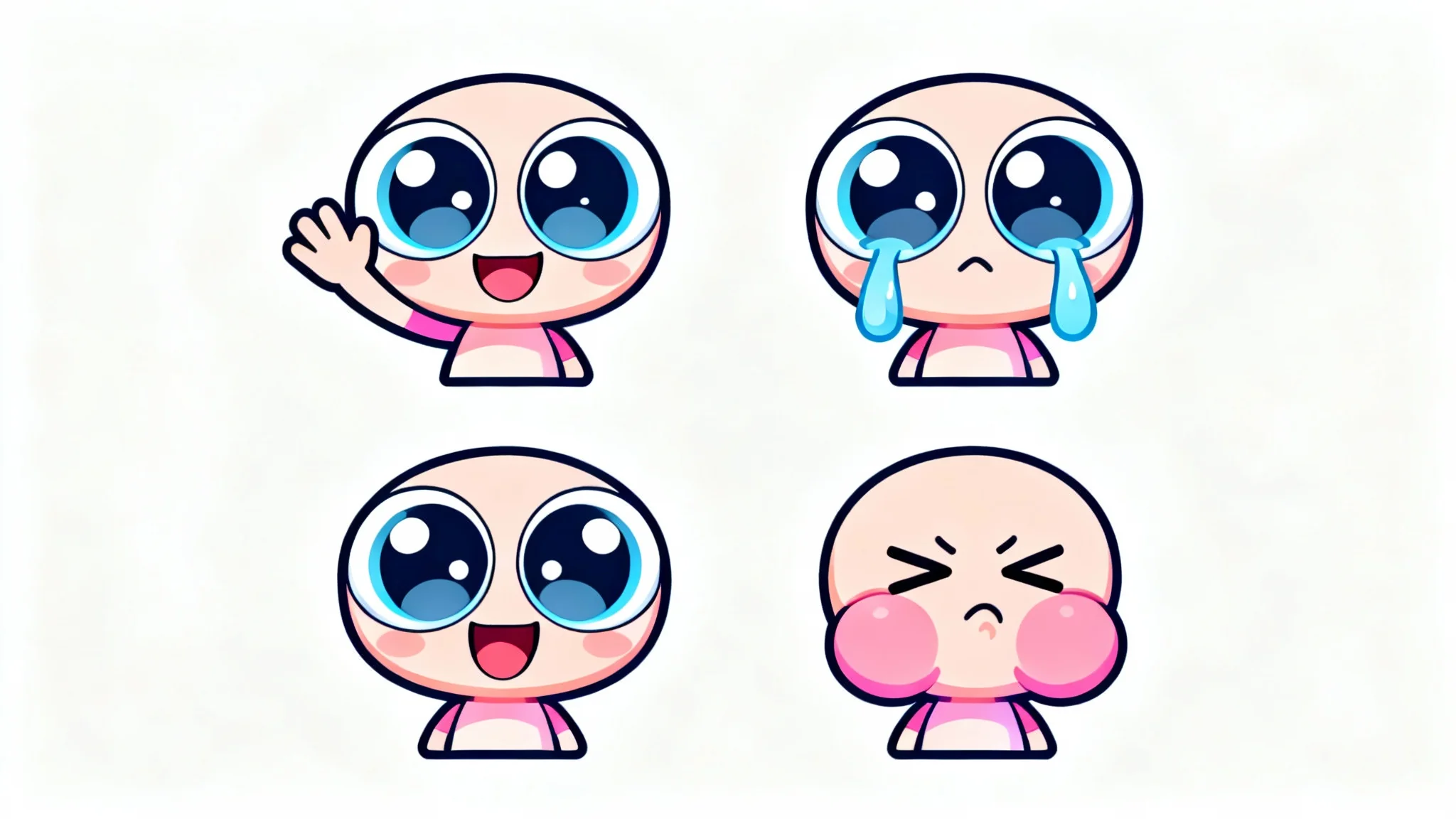 A collection of four cute chibi-style emotes displaying different emotions: happiness, sadness, laughter, and anger, presented as a sticker set on a white background.