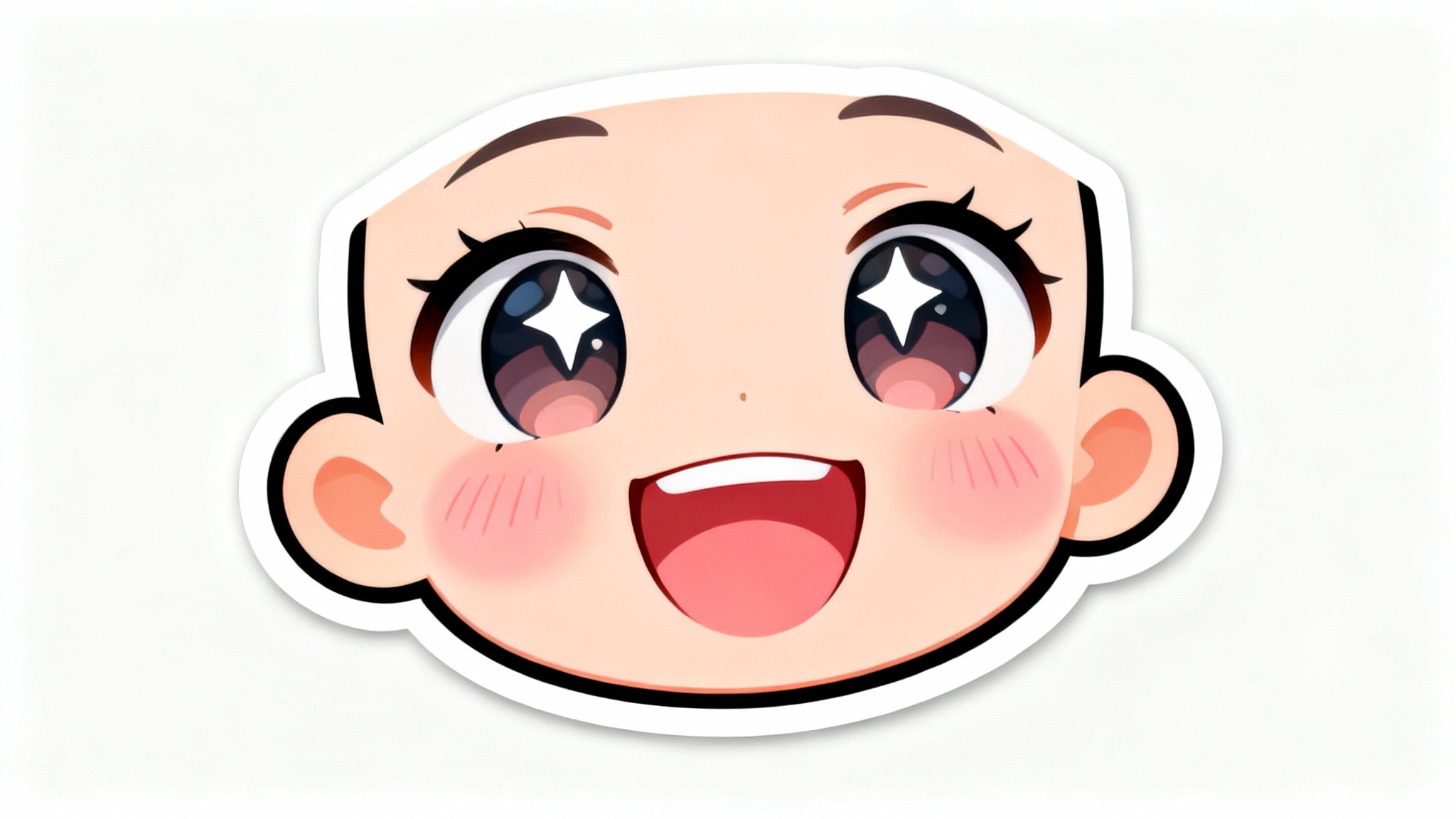 A cute chibi emote of a happy character with large eyes and a big smile, designed as a digital sticker on a white background.