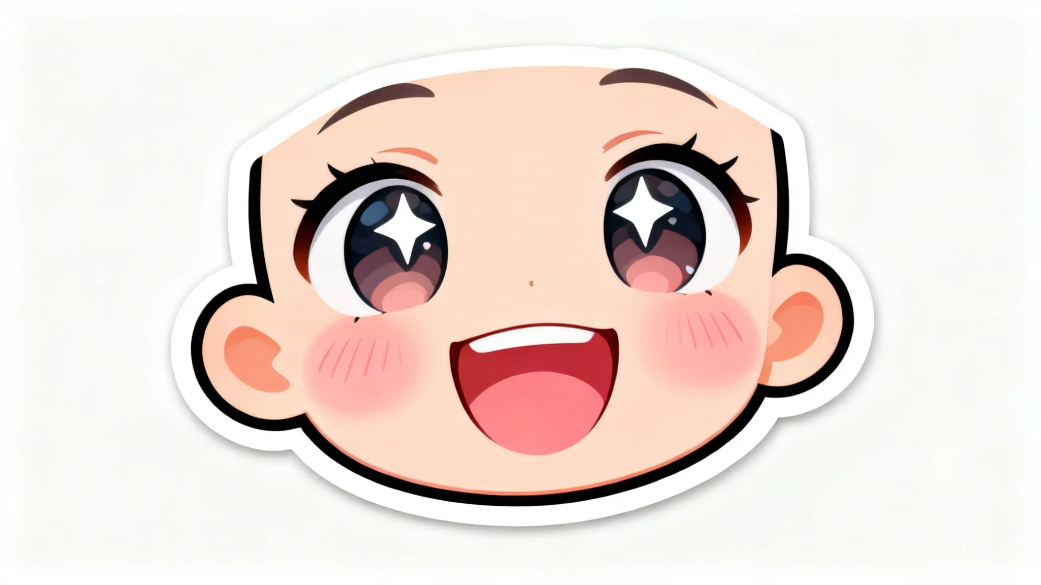 A cute chibi emote of a happy character with large eyes and a big smile, designed as a digital sticker on a white background.