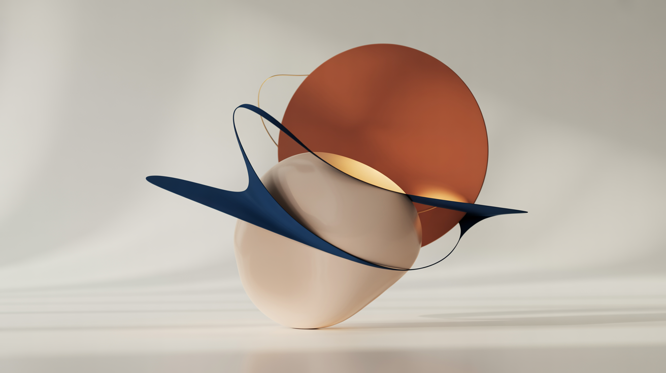 A modern graphic design composition featuring a collection of abstract shapes in terracotta, navy blue, and beige, arranged dynamically on a light background.