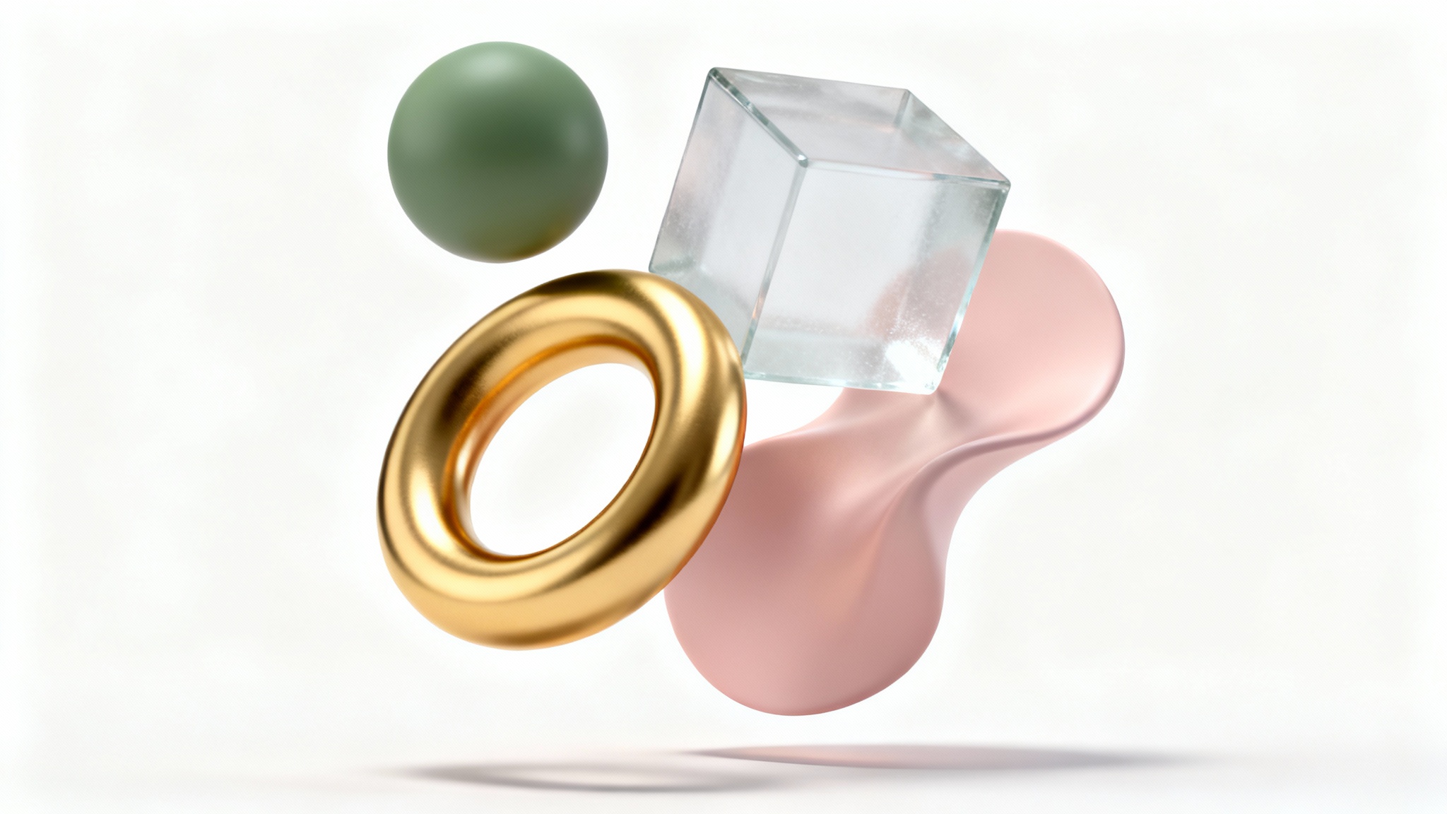 A minimalist 3D rendering of various abstract shapes in pastel colors and gold, floating against a clean white background.