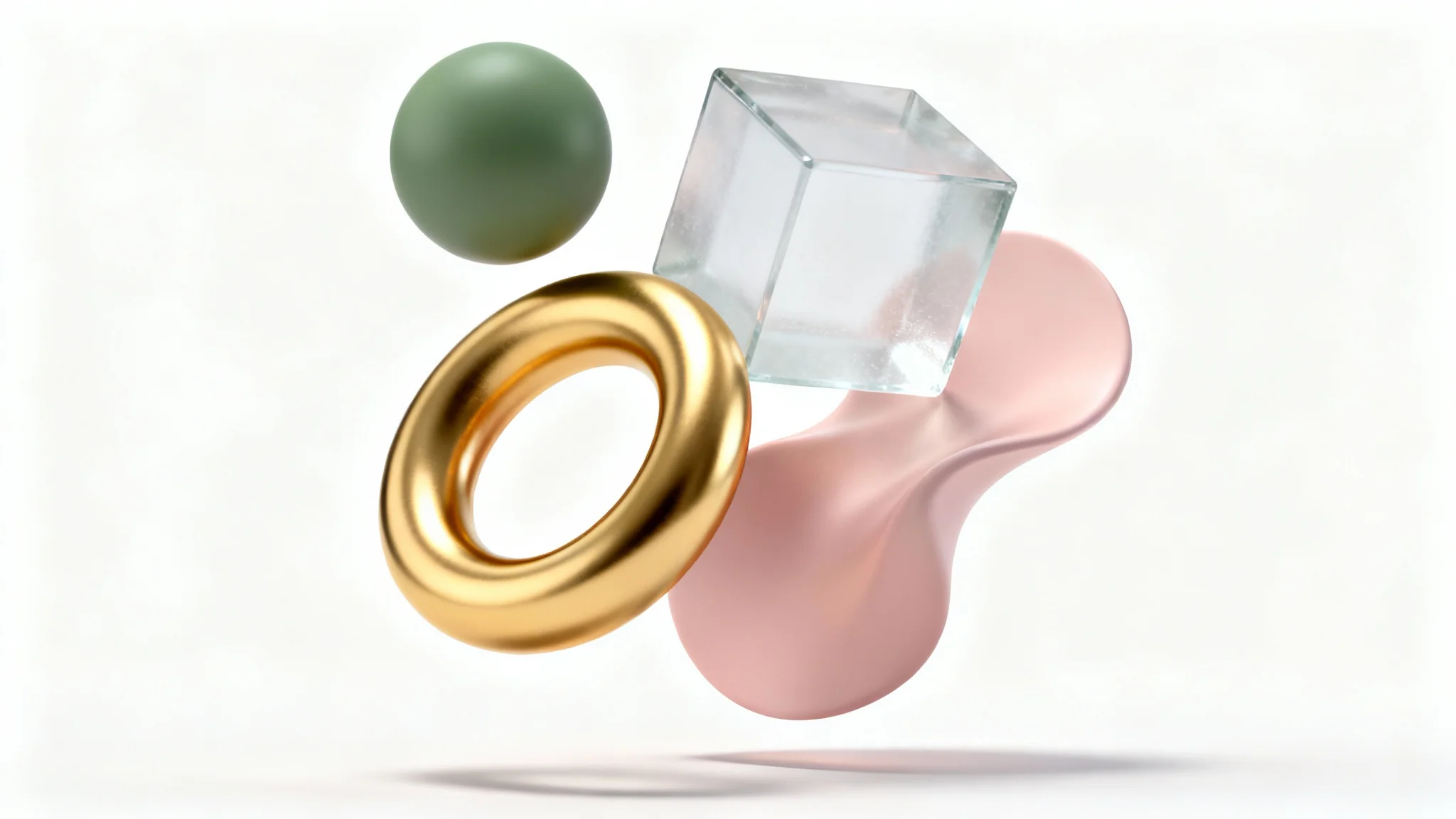 A minimalist 3D rendering of various abstract shapes in pastel colors and gold, floating against a clean white background.