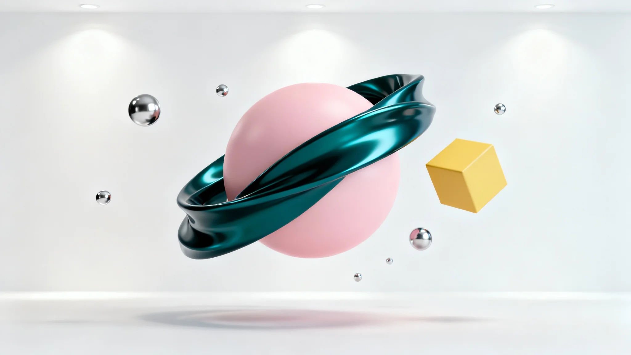 A 3D digital art composition featuring a variety of abstract shapes in pastel pink, dark teal, and yellow floating against a clean white background, creating a modern and minimalist aesthetic.