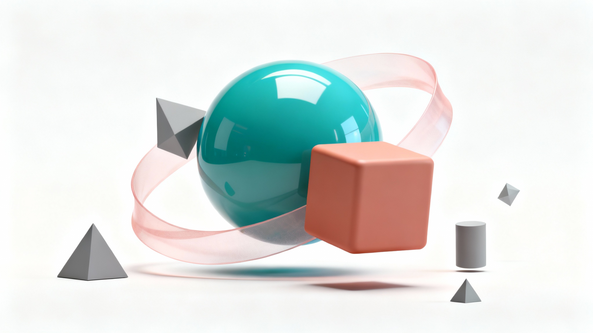A 3D digital art composition featuring various abstract shapes in teal, terracotta, and pink, floating gracefully against a clean white background.