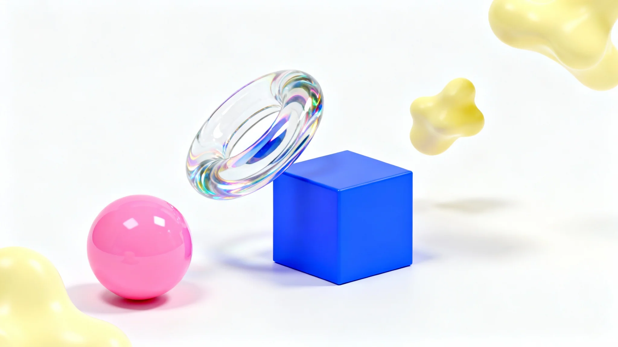 A 3D digital art composition featuring a collection of abstract shapes in pastel colors, including a sphere, a cube, and a torus, floating against a plain white background.