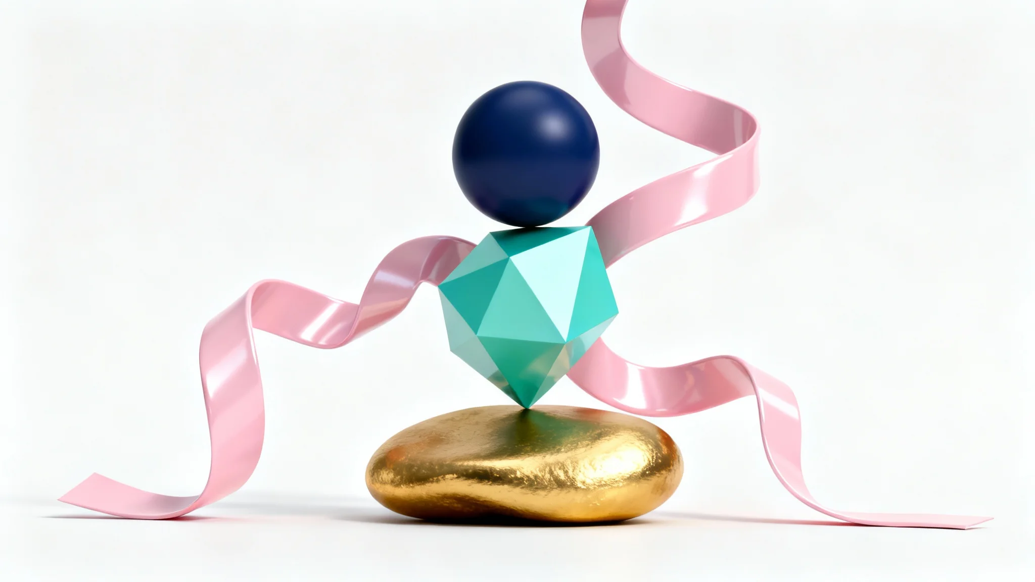 A modern digital art piece featuring a collection of 3D abstract shapes in pink, navy blue, mint green, and gold, floating against a clean white background.