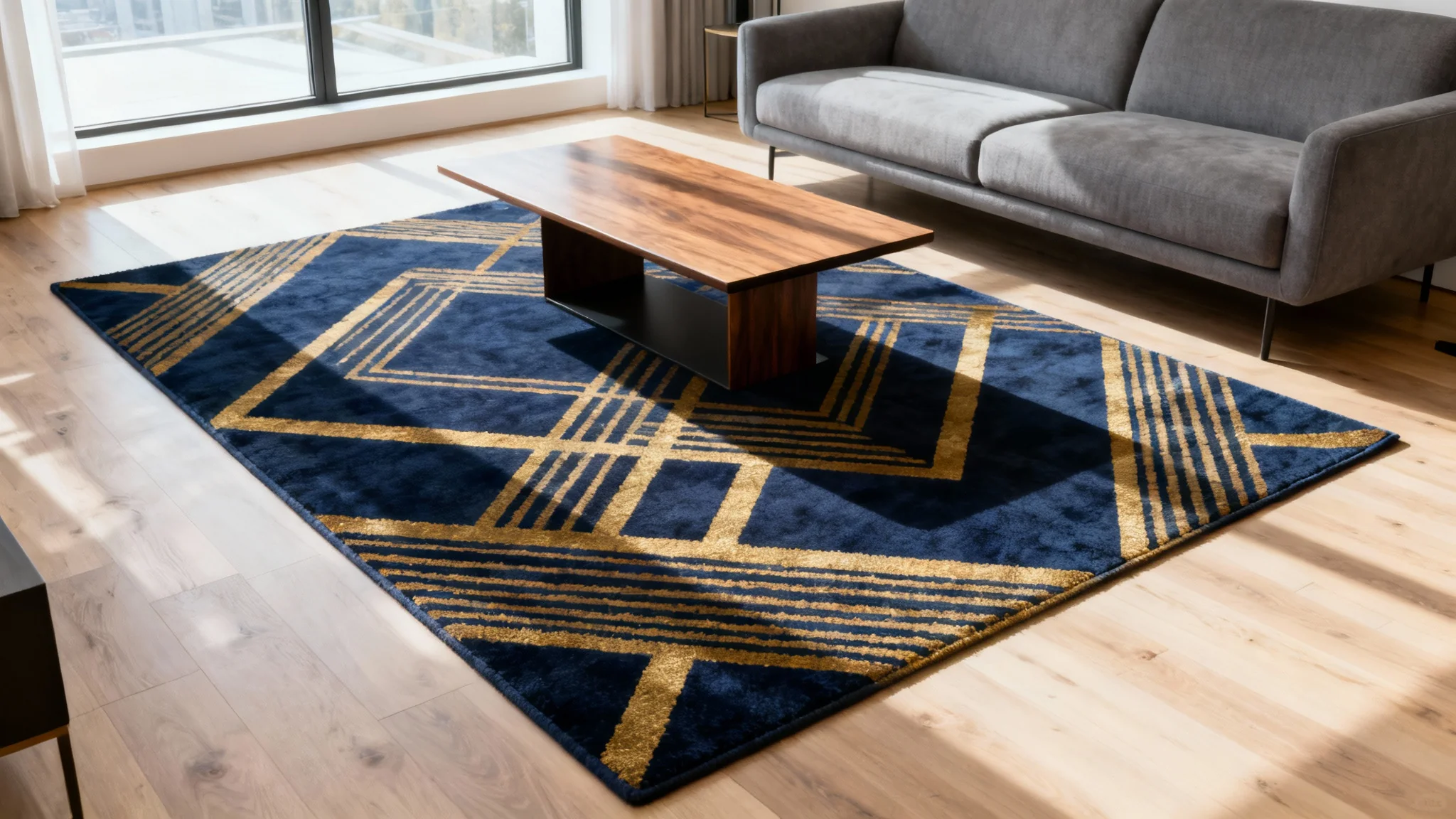 A photorealistic image of a modern living room where a beautiful, virtual rug with a geometric pattern has been digitally placed on the floor to demonstrate a rug visualizer tool.