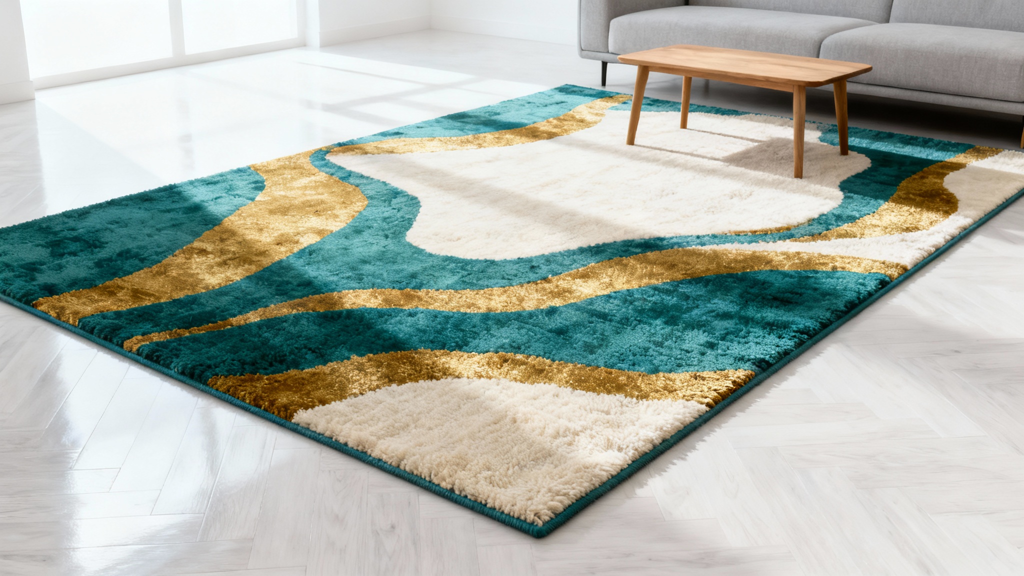 A photorealistic mockup of a modern living room featuring a stylish abstract rug in teal and gold on a light wood floor, showcasing a rug visualization concept.