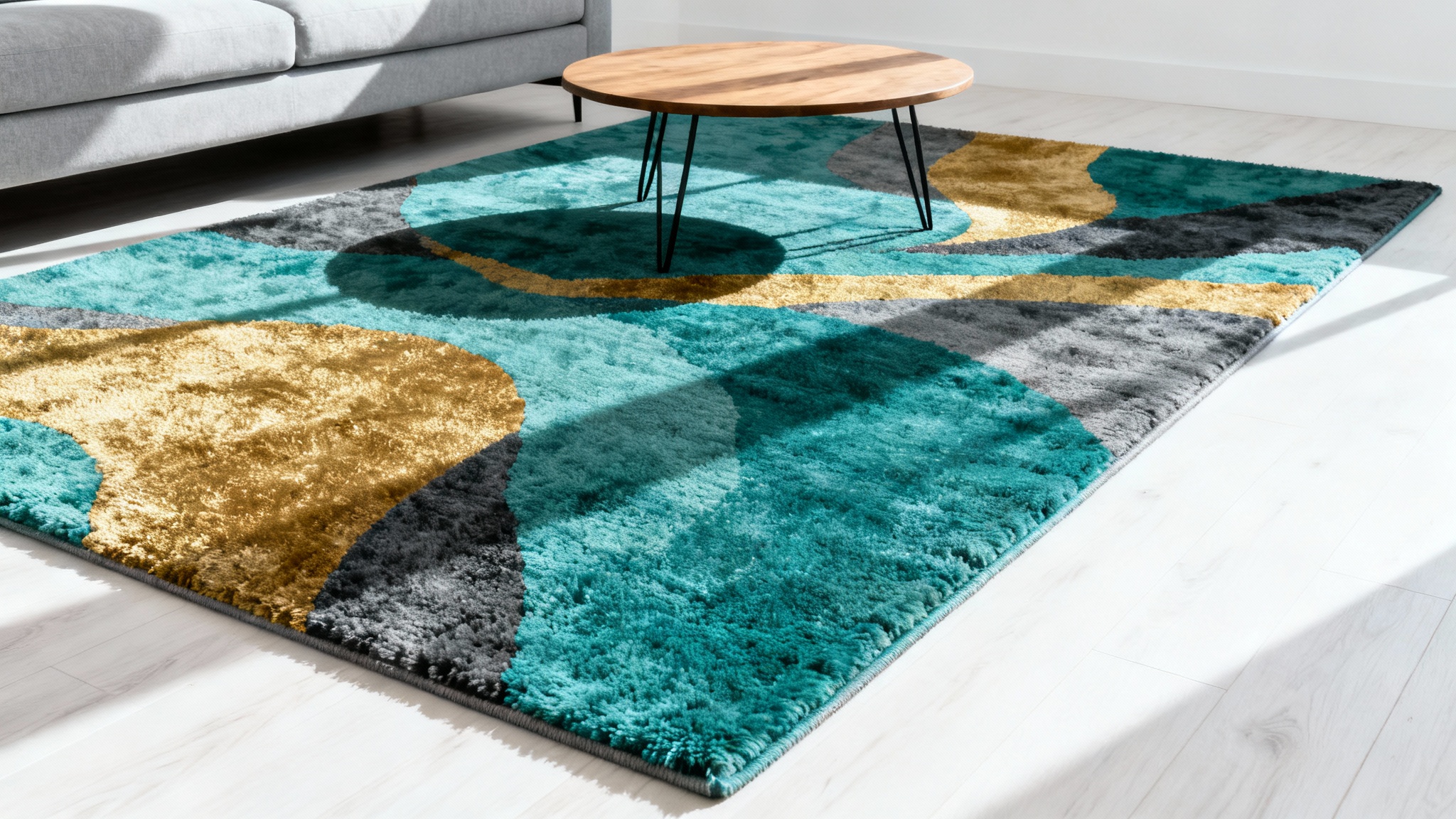 A photorealistic image of a modern living room showcasing a vibrant, abstract-patterned area rug in teal and gold, placed under a sleek grey sofa and an oak coffee table.