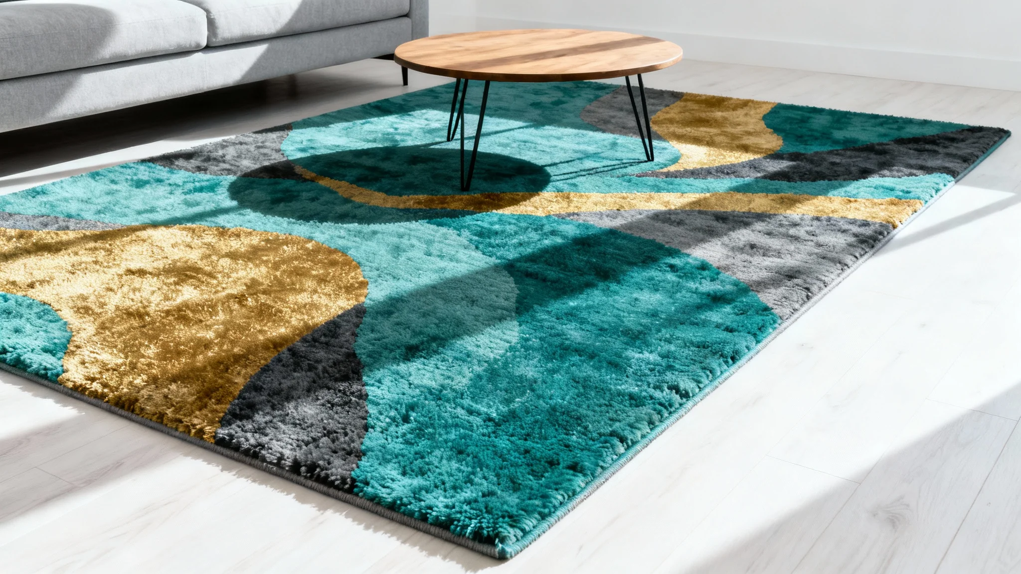 A photorealistic image of a modern living room showcasing a vibrant, abstract-patterned area rug in teal and gold, placed under a sleek grey sofa and an oak coffee table.