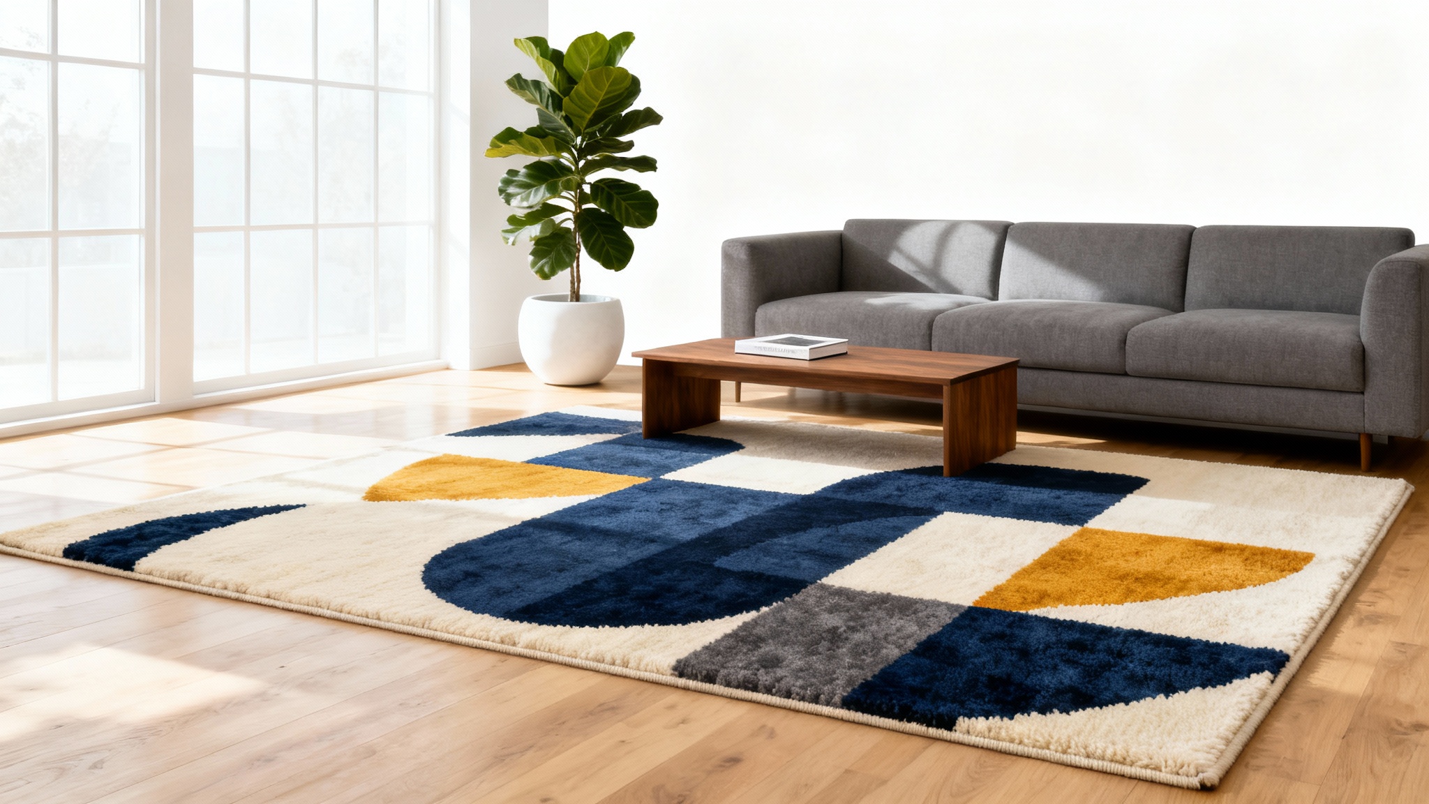 A photorealistic mockup of a modern living room featuring a large, stylish geometric-patterned area rug as the centerpiece, demonstrating the result of a rug visualizer.