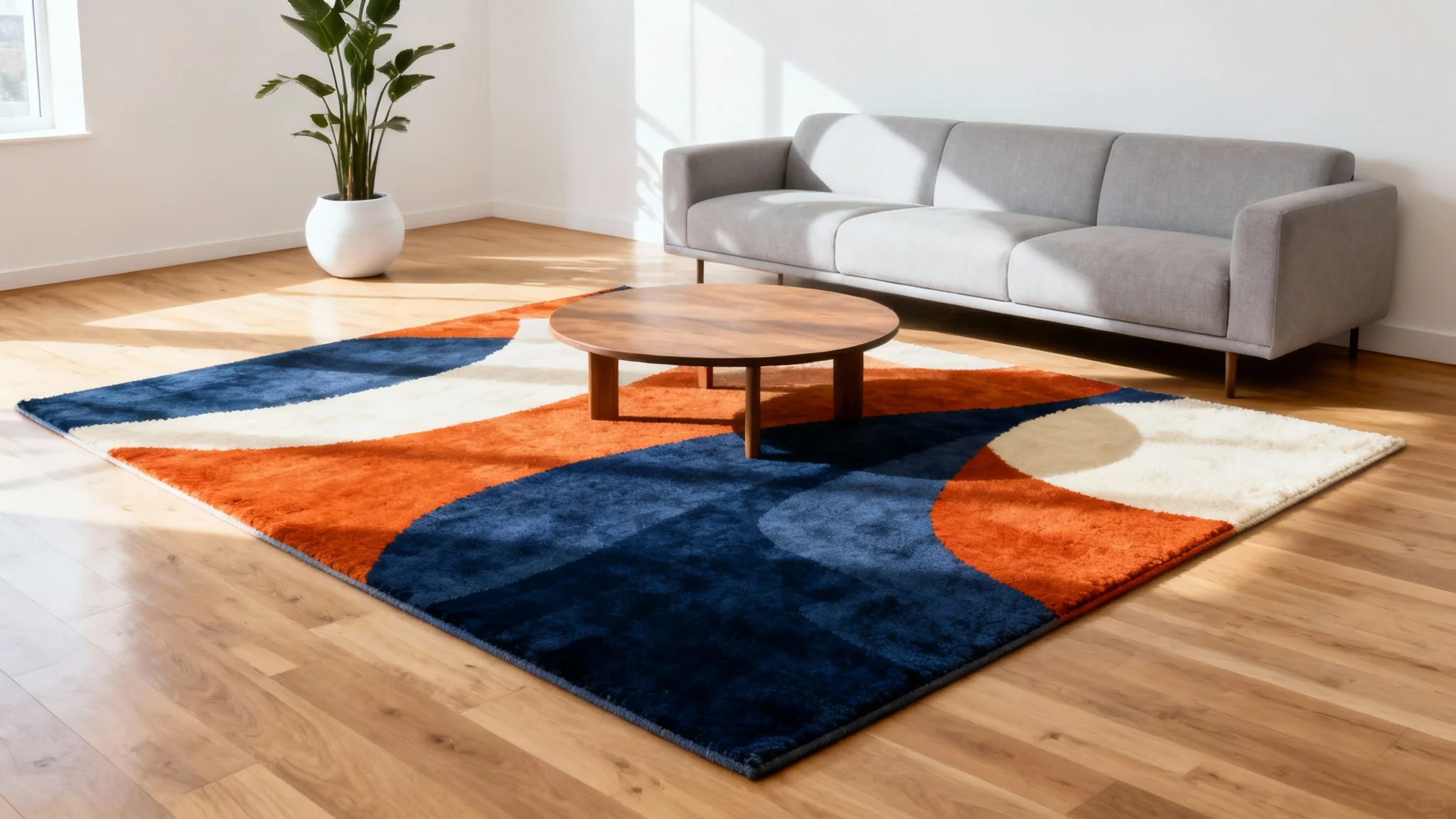 A photorealistic mockup of a modern living room showcasing a vibrant, abstract-patterned area rug placed on a light wood floor under a minimalist gray sofa.