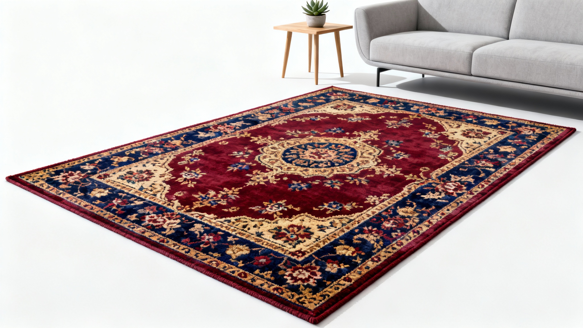 A photorealistic mockup showing a classic Persian-style rug placed in a modern living room setting, isolated against a plain white background to demonstrate a rug visualizer.