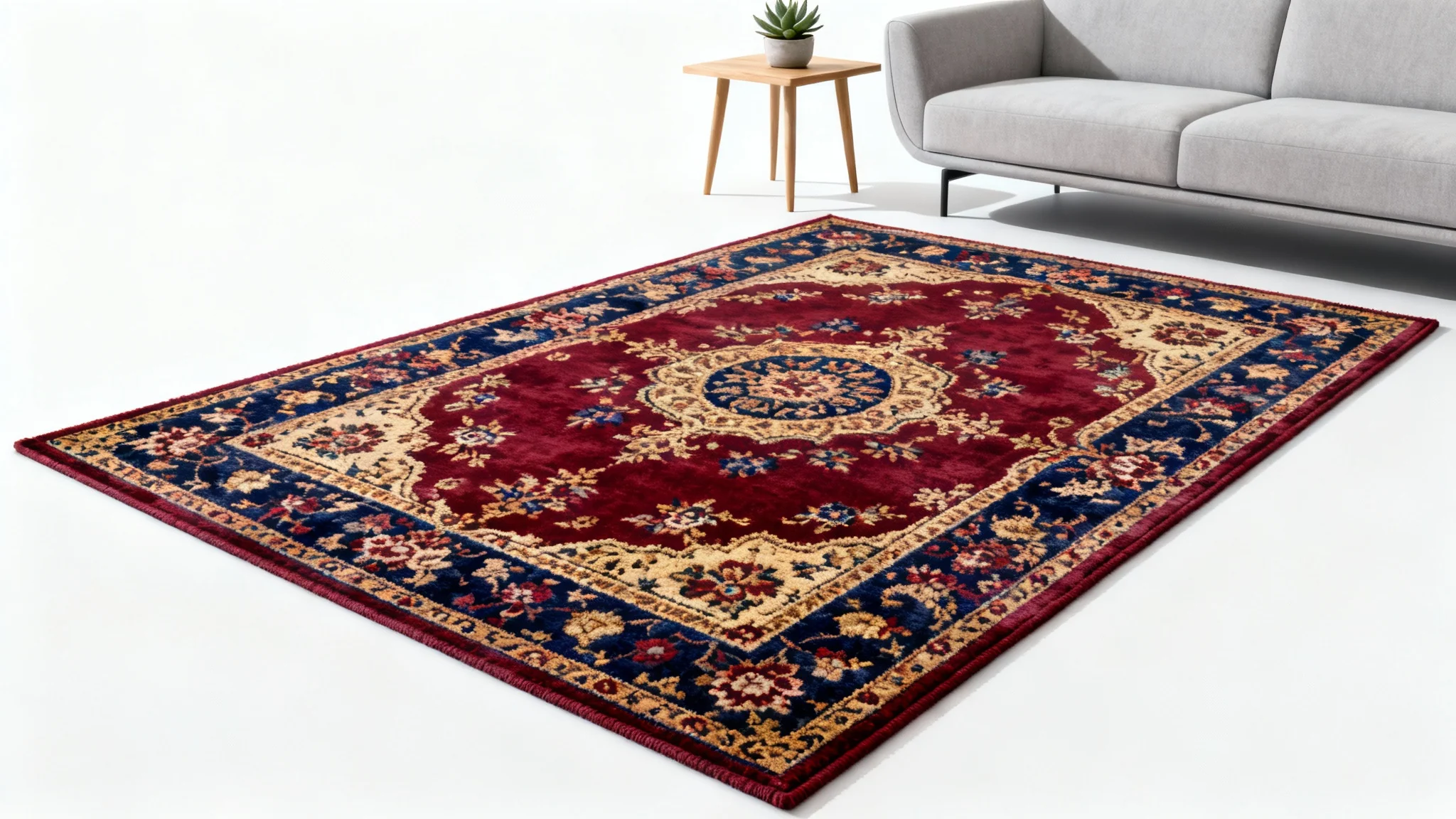 A photorealistic mockup showing a classic Persian-style rug placed in a modern living room setting, isolated against a plain white background to demonstrate a rug visualizer.