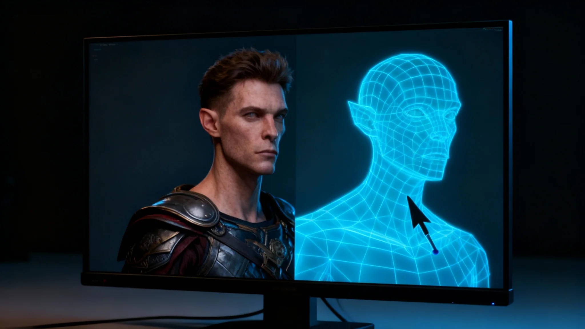 A side-by-side comparison of a finished 3D character render and its underlying clean wireframe, demonstrating the final result of a successful character retopology.