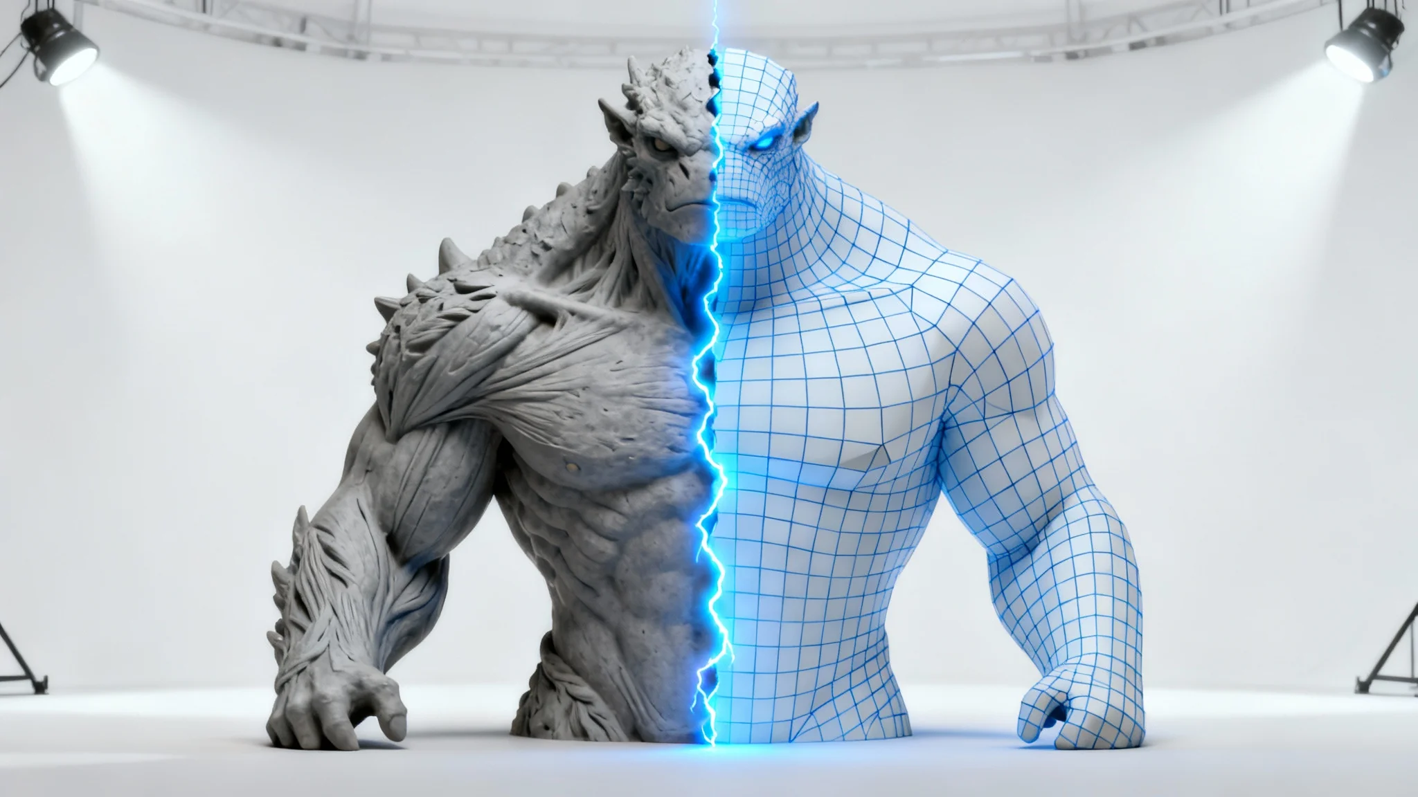 A 3D model of a fantasy creature demonstrating character retopology. Half of the model is a highly detailed gray sculpt, while the other half is a simplified mesh with a clean blue wireframe grid overlaid.