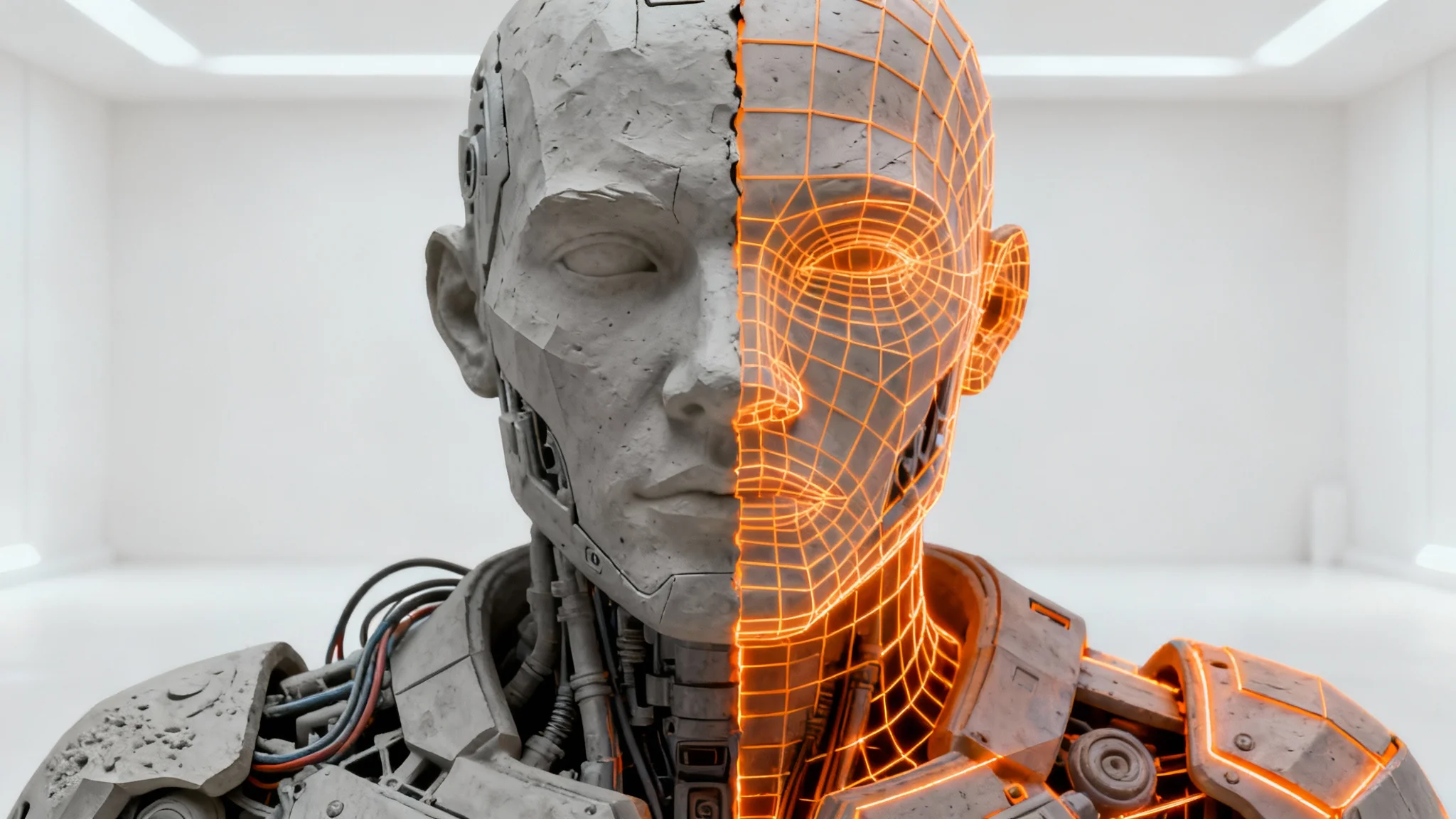 A 3D render of a cyborg bust demonstrating the retopology process. Half of the model is a detailed grey sculpt, while the other half is covered by a clean orange wireframe mesh, showing optimized geometry.