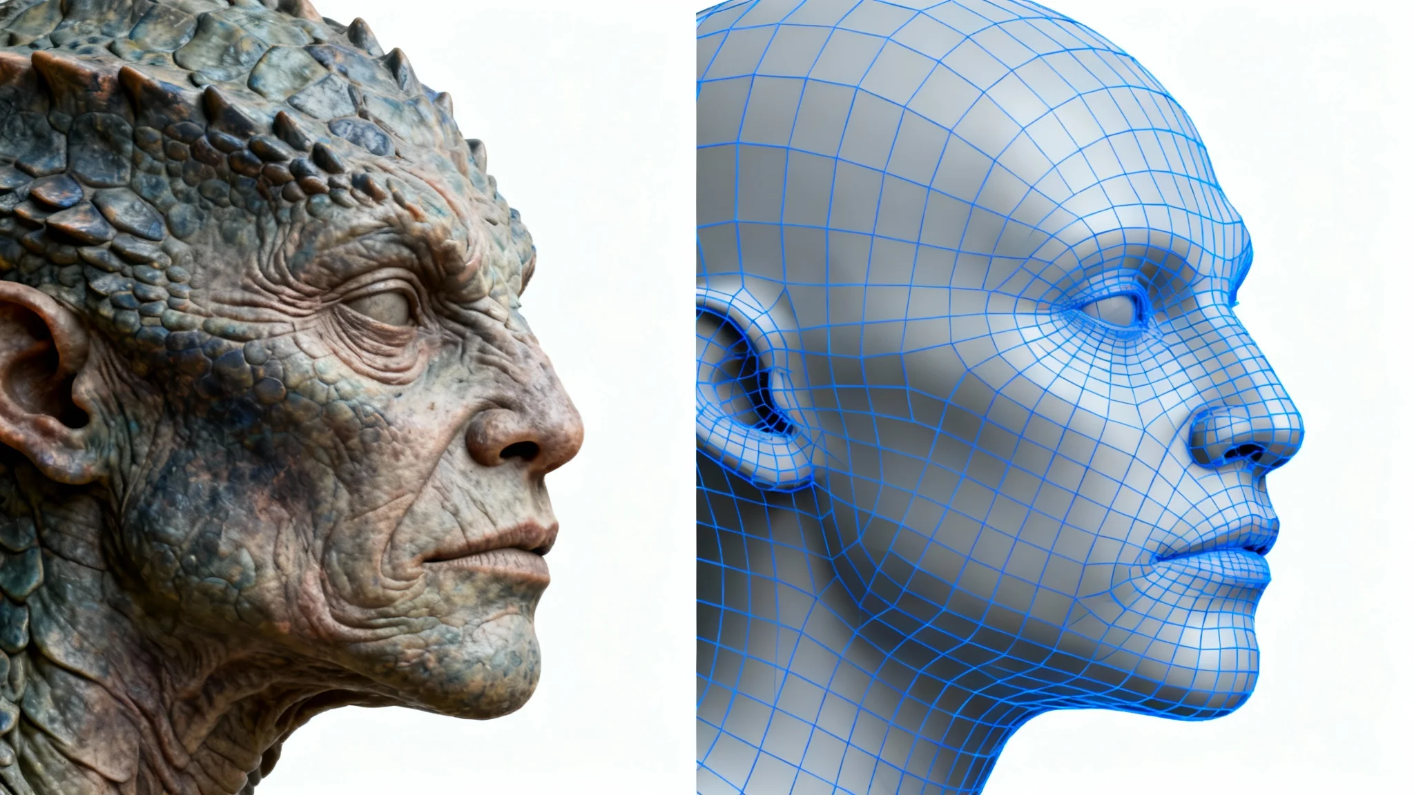 A 3D model of a creature's head showing the before and after of character retopology. The left side is a highly detailed sculpt, and the right side is the clean wireframe mesh, all on a white background.