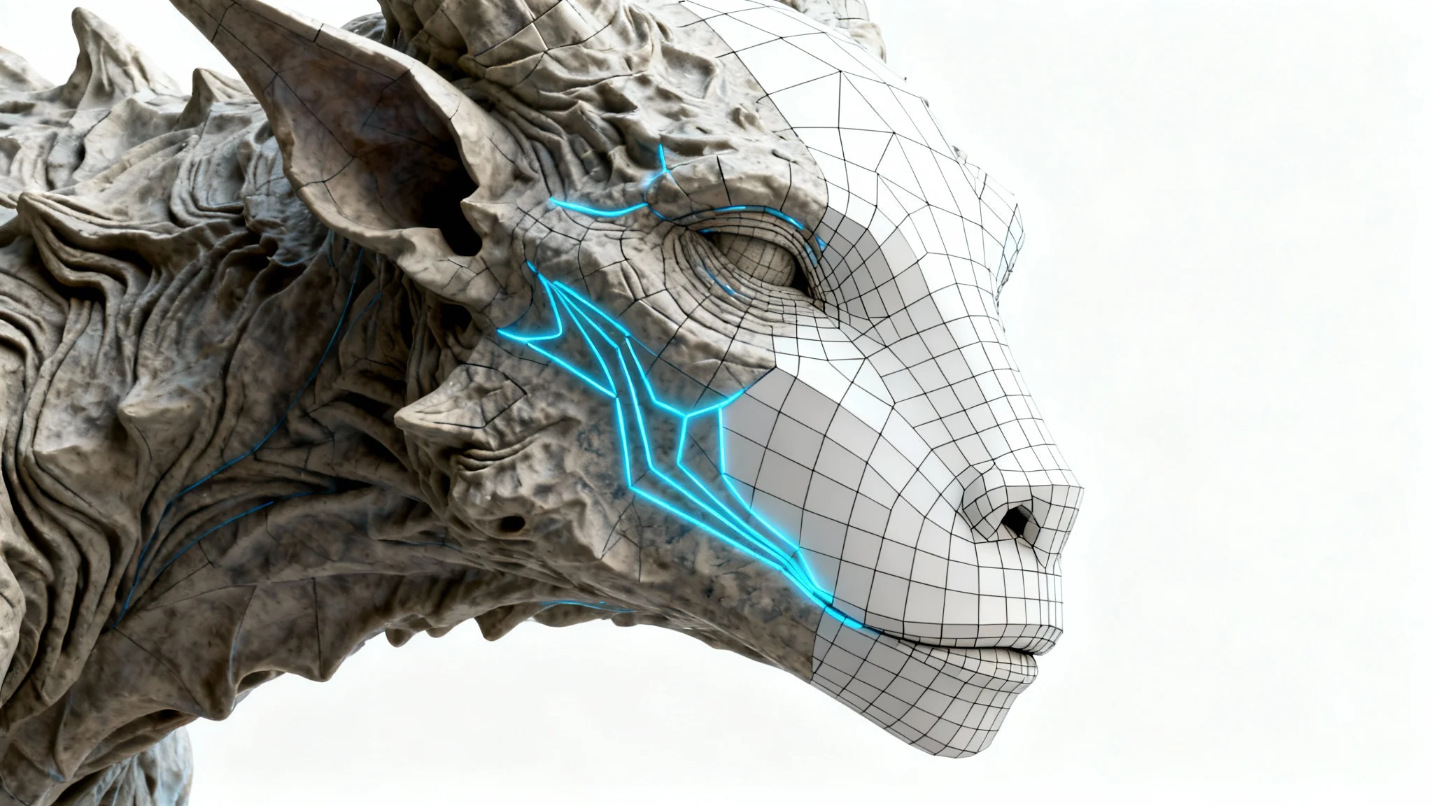 A 3D render of a fantasy creature's head demonstrating character retopology. One side shows the high-detail sculpt, while the other shows the clean, optimized wireframe mesh overlaid on top.