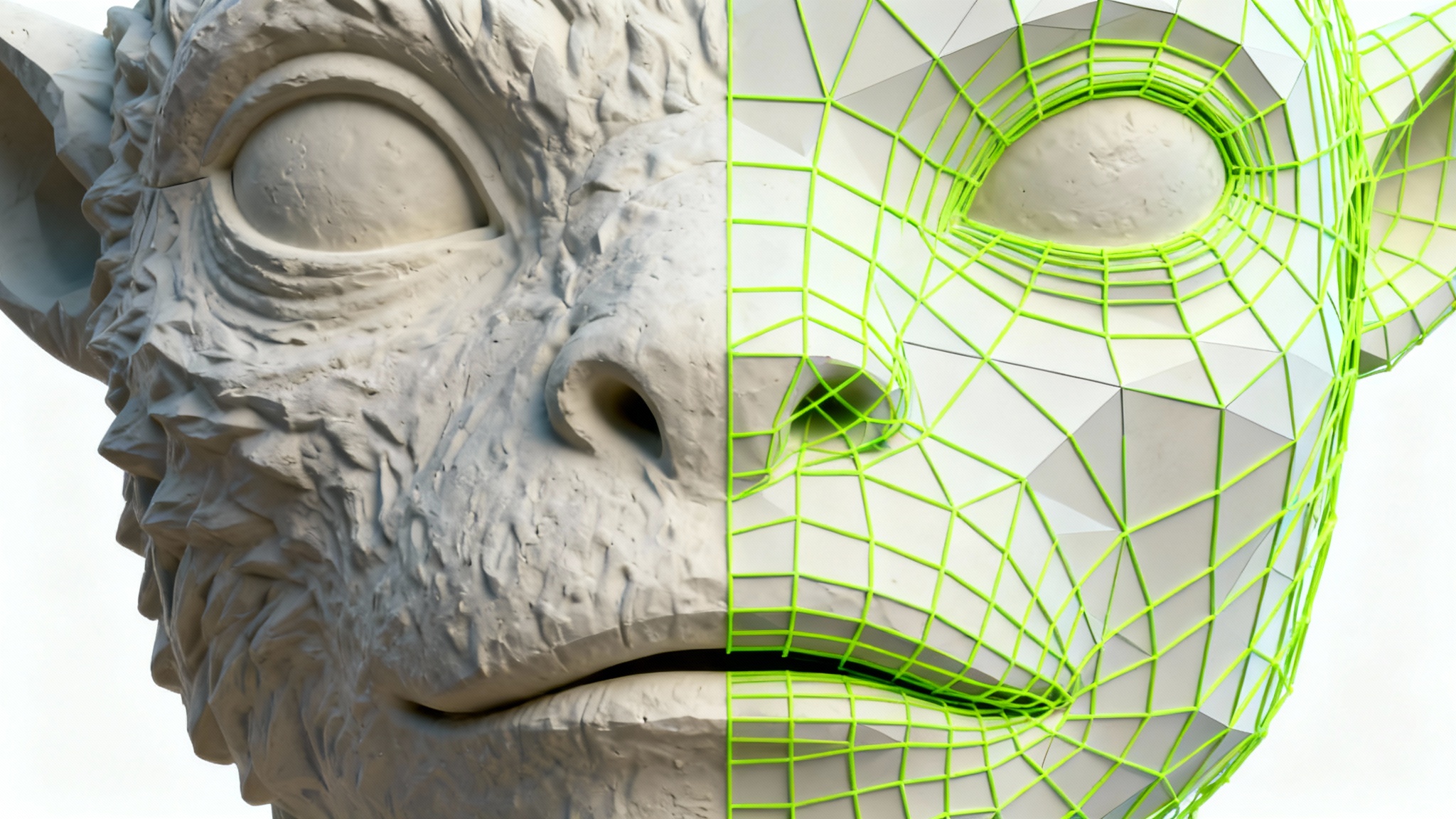 A close-up 3D render of a character's face undergoing retopology. Half the face is a detailed grey sculpt, and the other half is covered with a clean, green wireframe mesh, all against a plain white background.
