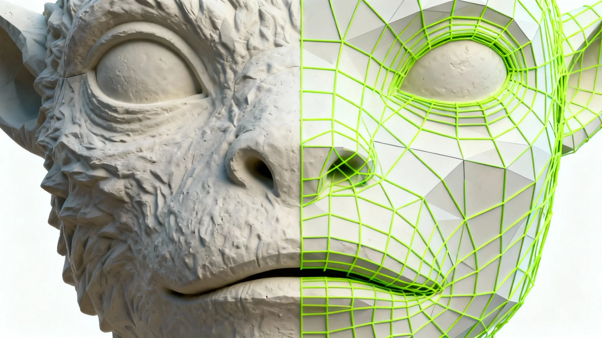 A close-up 3D render of a character's face undergoing retopology. Half the face is a detailed grey sculpt, and the other half is covered with a clean, green wireframe mesh, all against a plain white background.