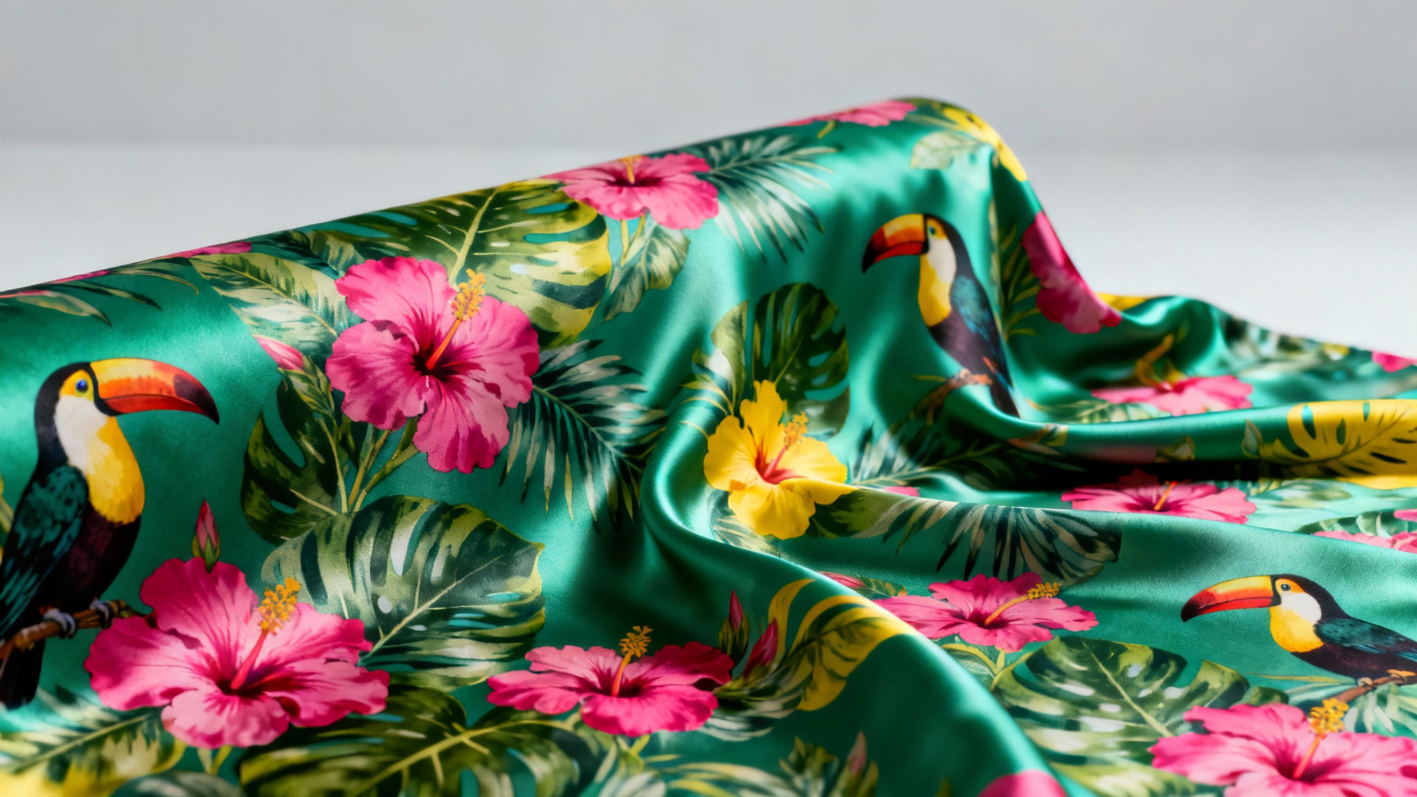 A bolt of luxurious fabric with a vibrant tropical pattern of flowers and birds, draped elegantly against a neutral studio background.