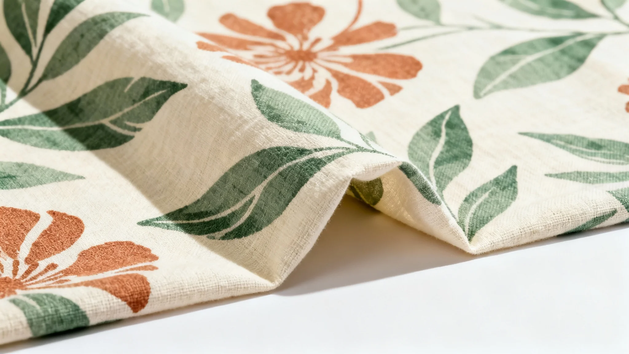 A close-up mockup of a folded piece of fabric featuring a modern botanical print with green leaves and terracotta flowers, set against a plain white background.