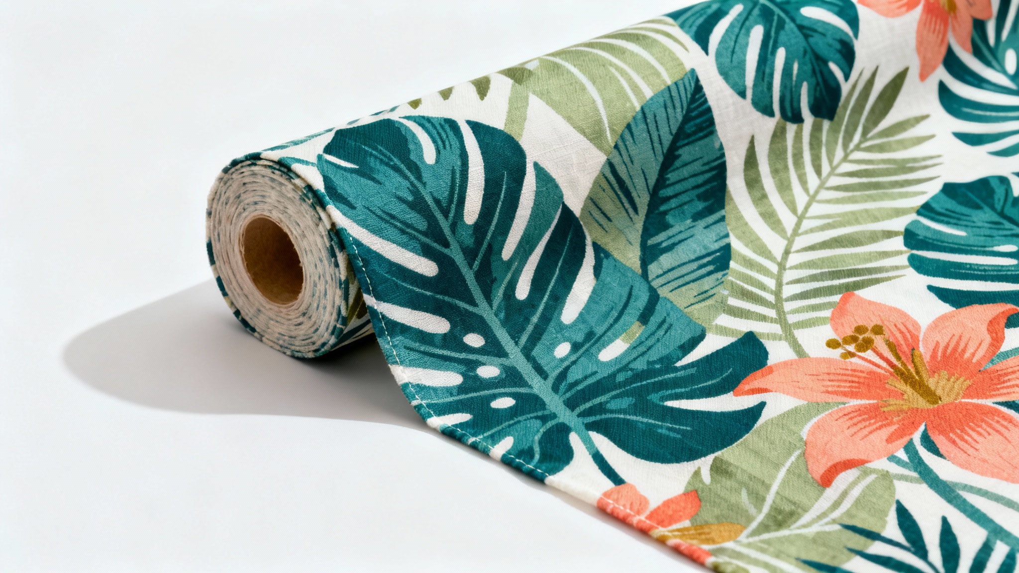 A photorealistic image of a roll of fabric with a colorful, modern botanical print of leaves and flowers, unfurled against a clean white background.
