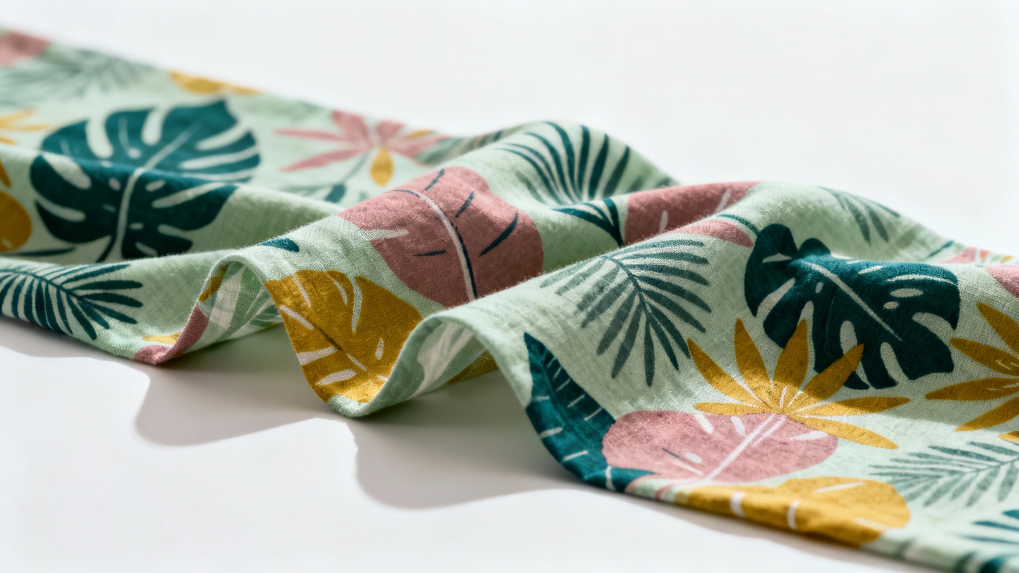 A close-up photorealistic mockup of a fabric print design, showing a draped piece of cotton with a modern botanical pattern in green, rose, and yellow hues against a clean white background.