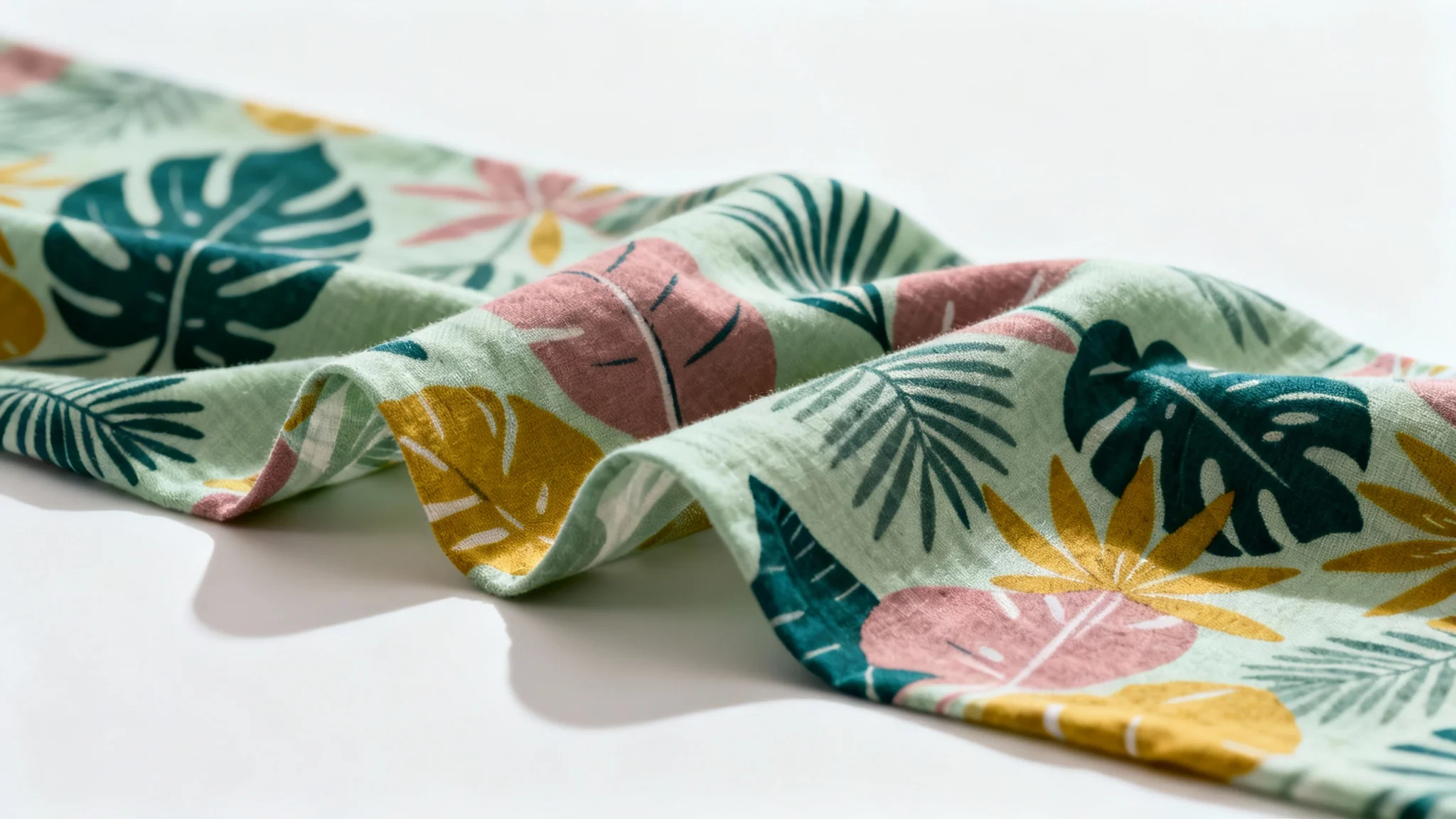 A close-up photorealistic mockup of a fabric print design, showing a draped piece of cotton with a modern botanical pattern in green, rose, and yellow hues against a clean white background.