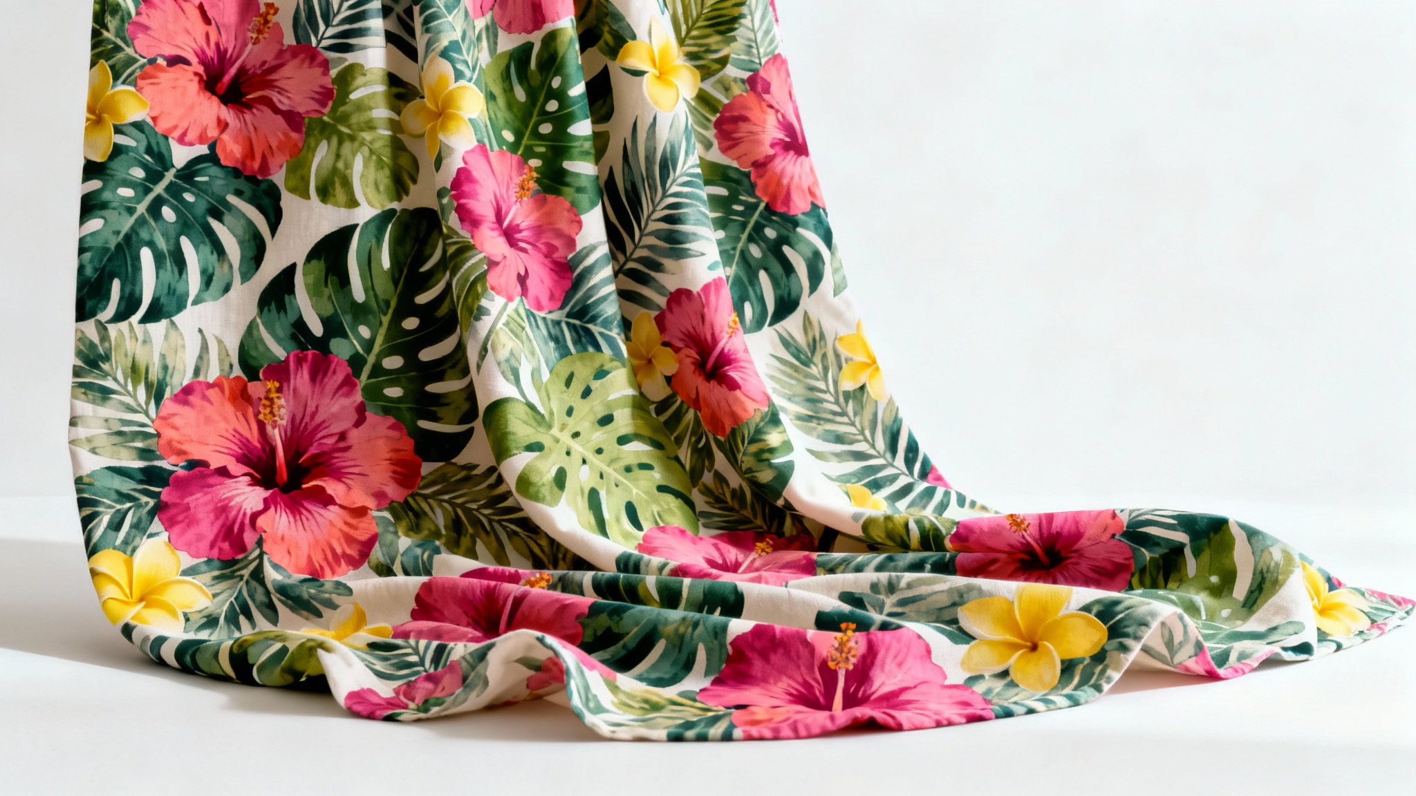 A photorealistic mockup of a draped piece of fabric with a colorful tropical print of hibiscus flowers and monstera leaves, set against a plain white background.