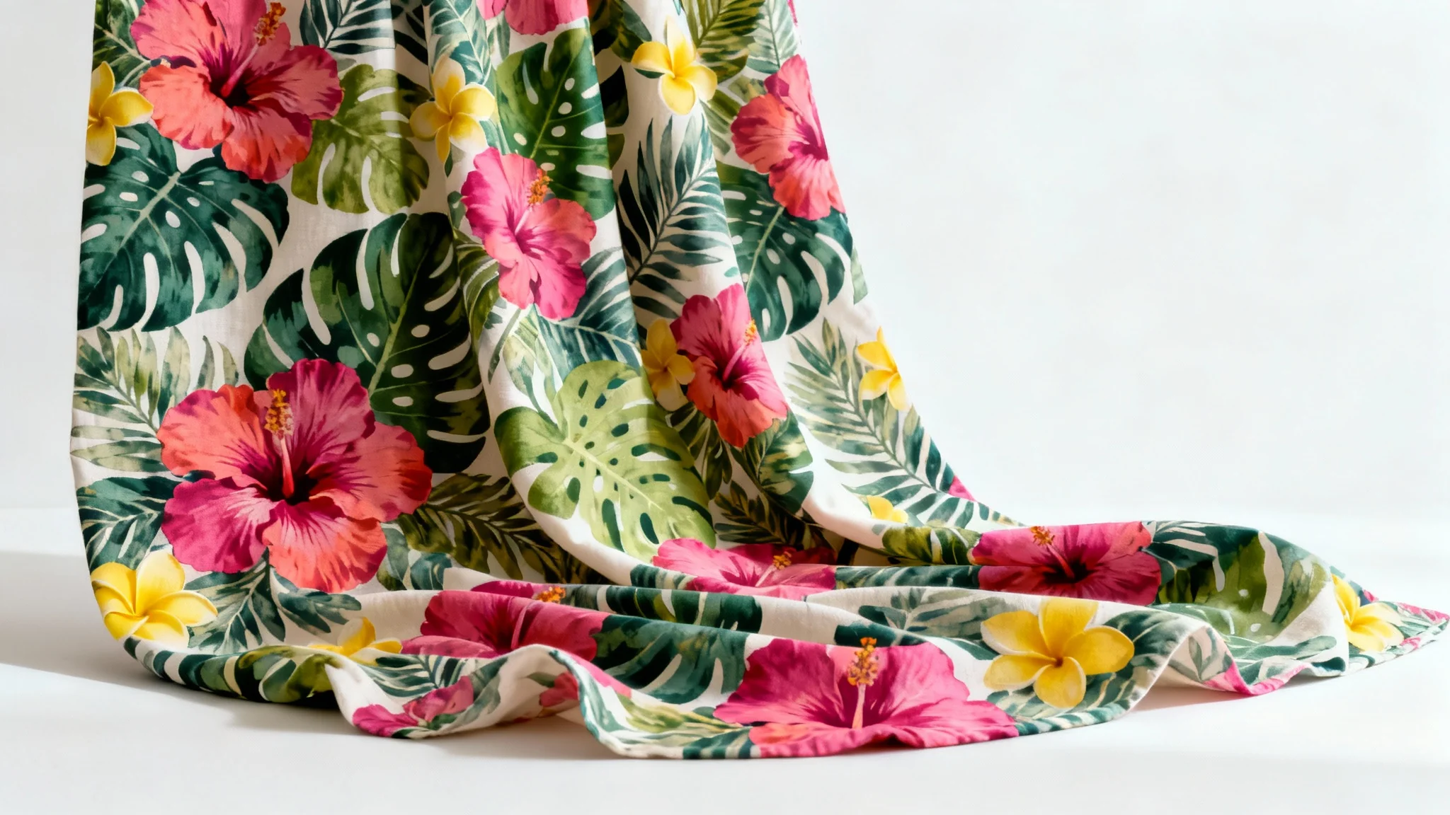 A photorealistic mockup of a draped piece of fabric with a colorful tropical print of hibiscus flowers and monstera leaves, set against a plain white background.