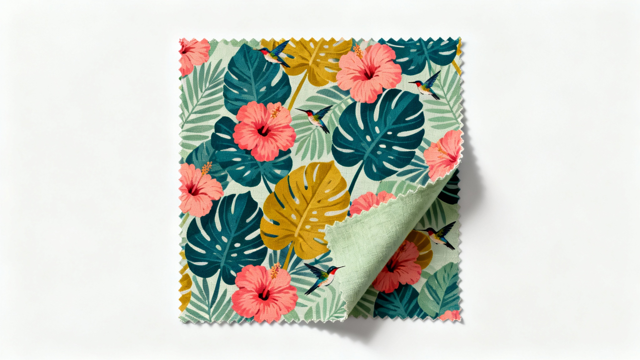 A swatch of fabric with a colorful, modern botanical print featuring leaves, flowers, and hummingbirds, displayed on a clean white background.