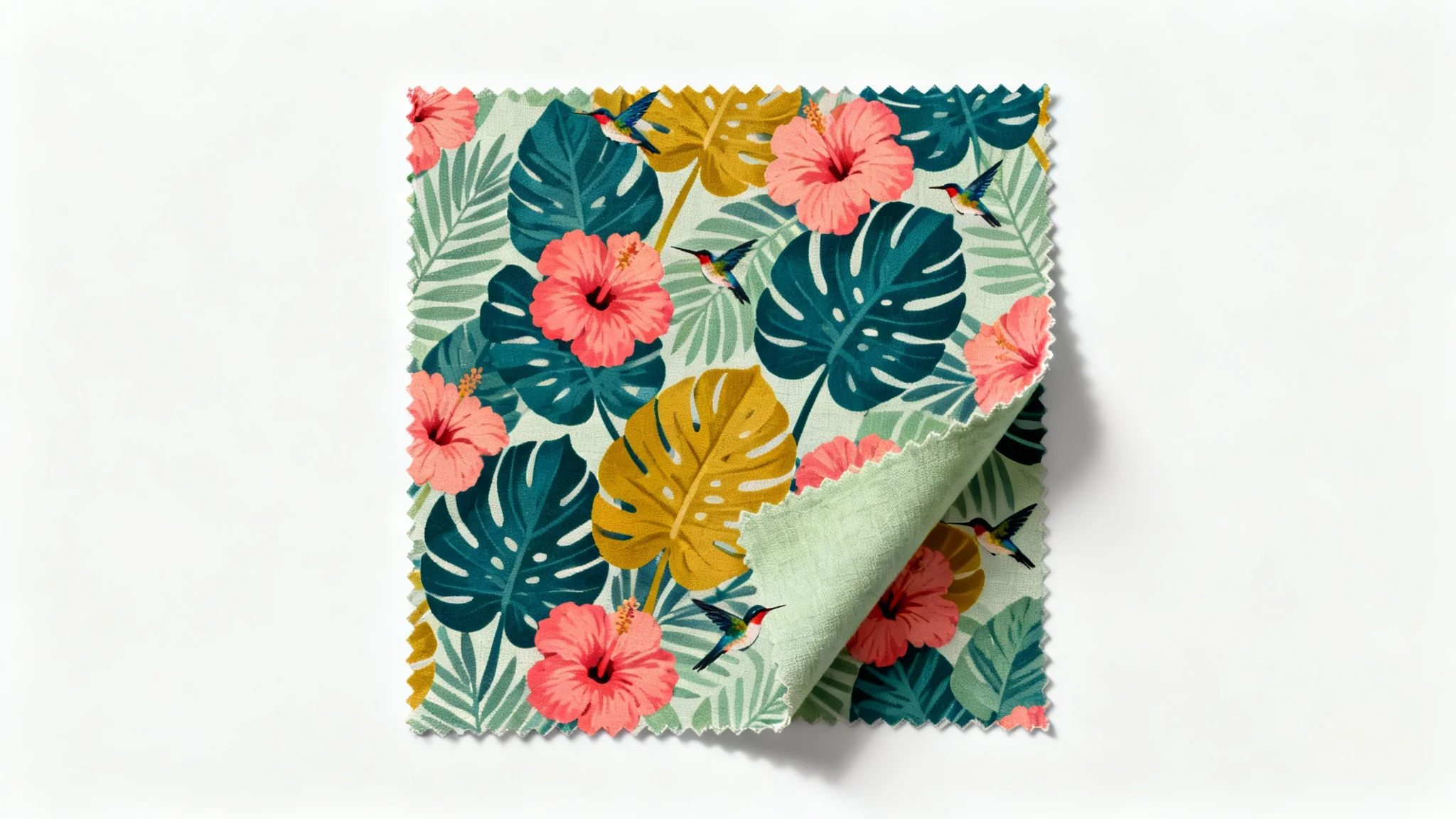 A swatch of fabric with a colorful, modern botanical print featuring leaves, flowers, and hummingbirds, displayed on a clean white background.