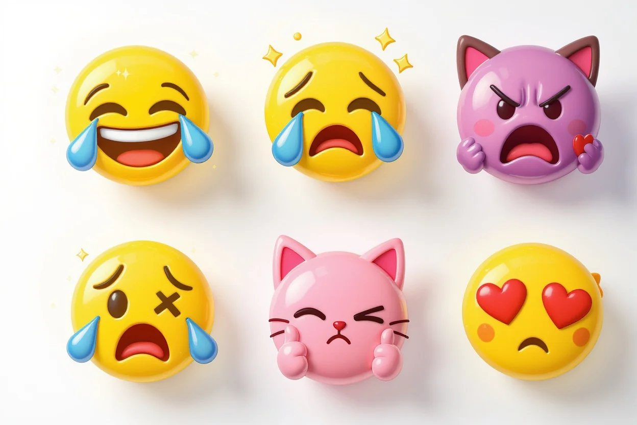 A colorful grid of custom cartoon emotes for streaming platforms, showing various expressions like laughing, crying, and anger, all displayed against a clean white background.