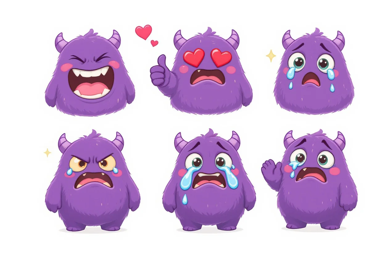 A collection of six colorful, custom-designed streaming emotes featuring a cute purple monster character expressing different emotions, arranged neatly on a white background.